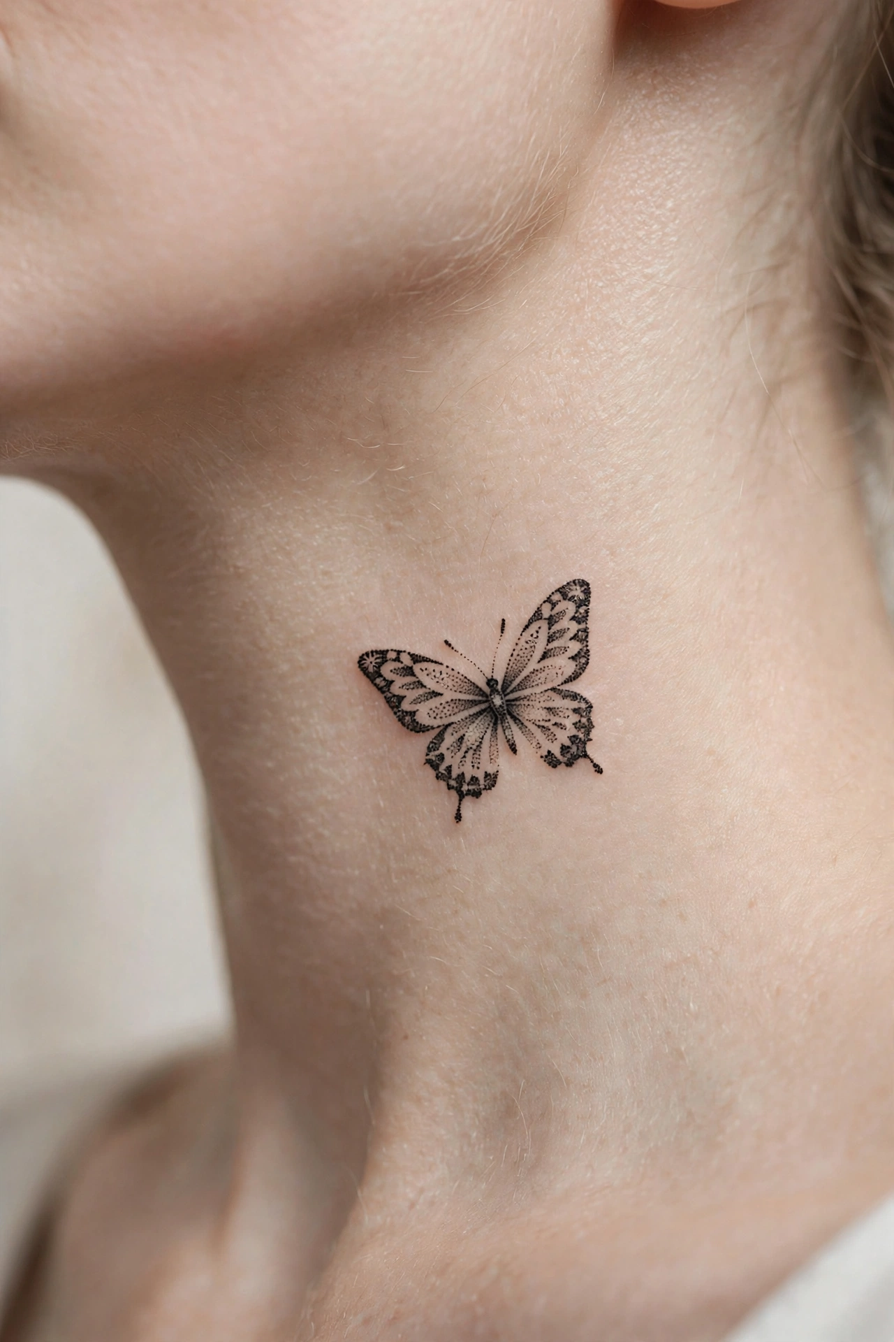 Small spider tattoo on a woman's nape