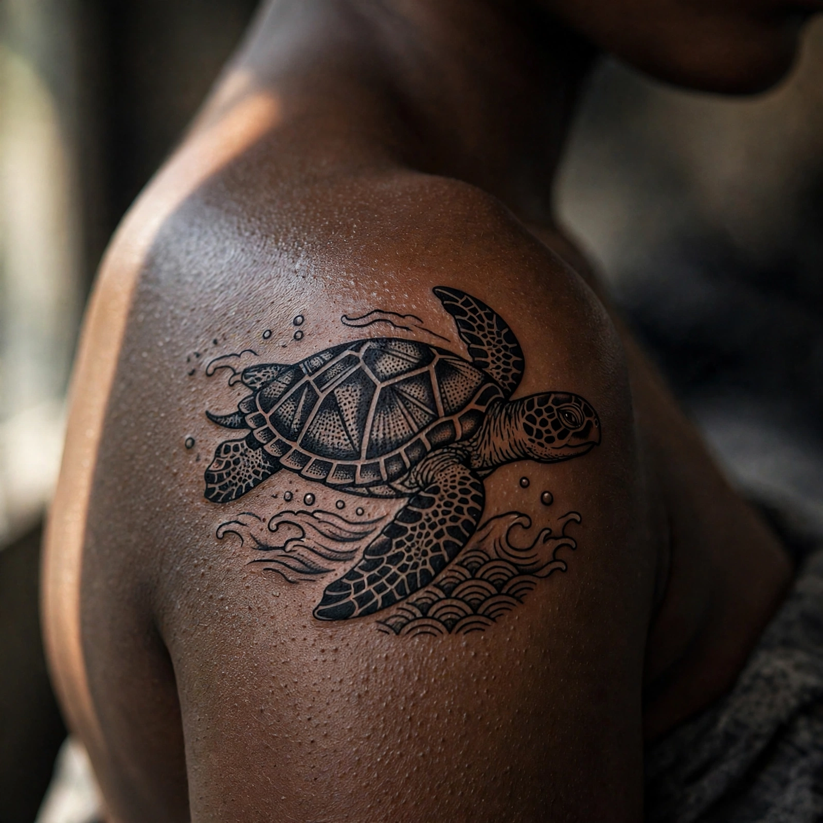 Sea turtle gliding through clear water tattoo