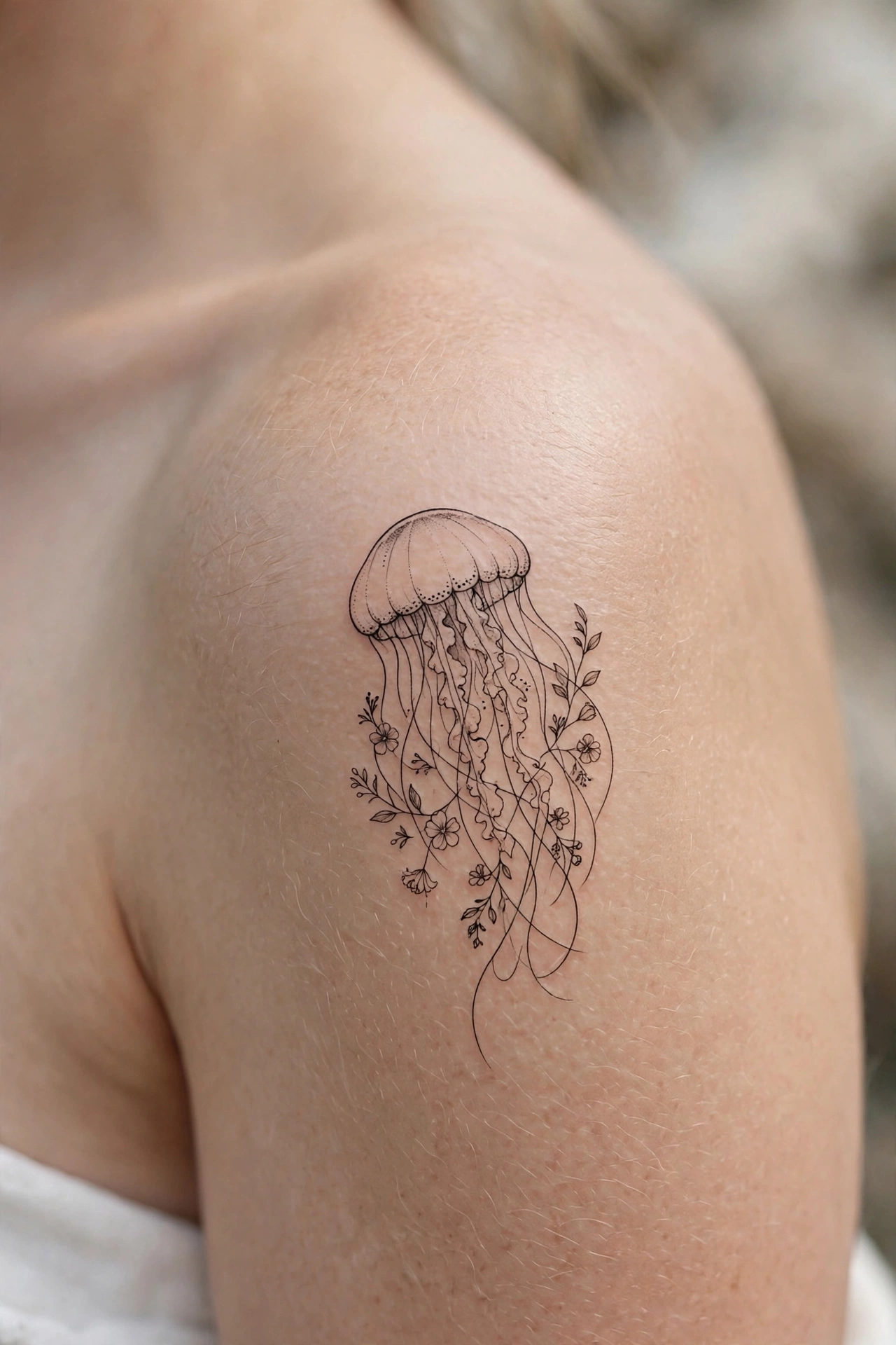 Group of jellyfish drifting tattoo in ethereal translucent tones