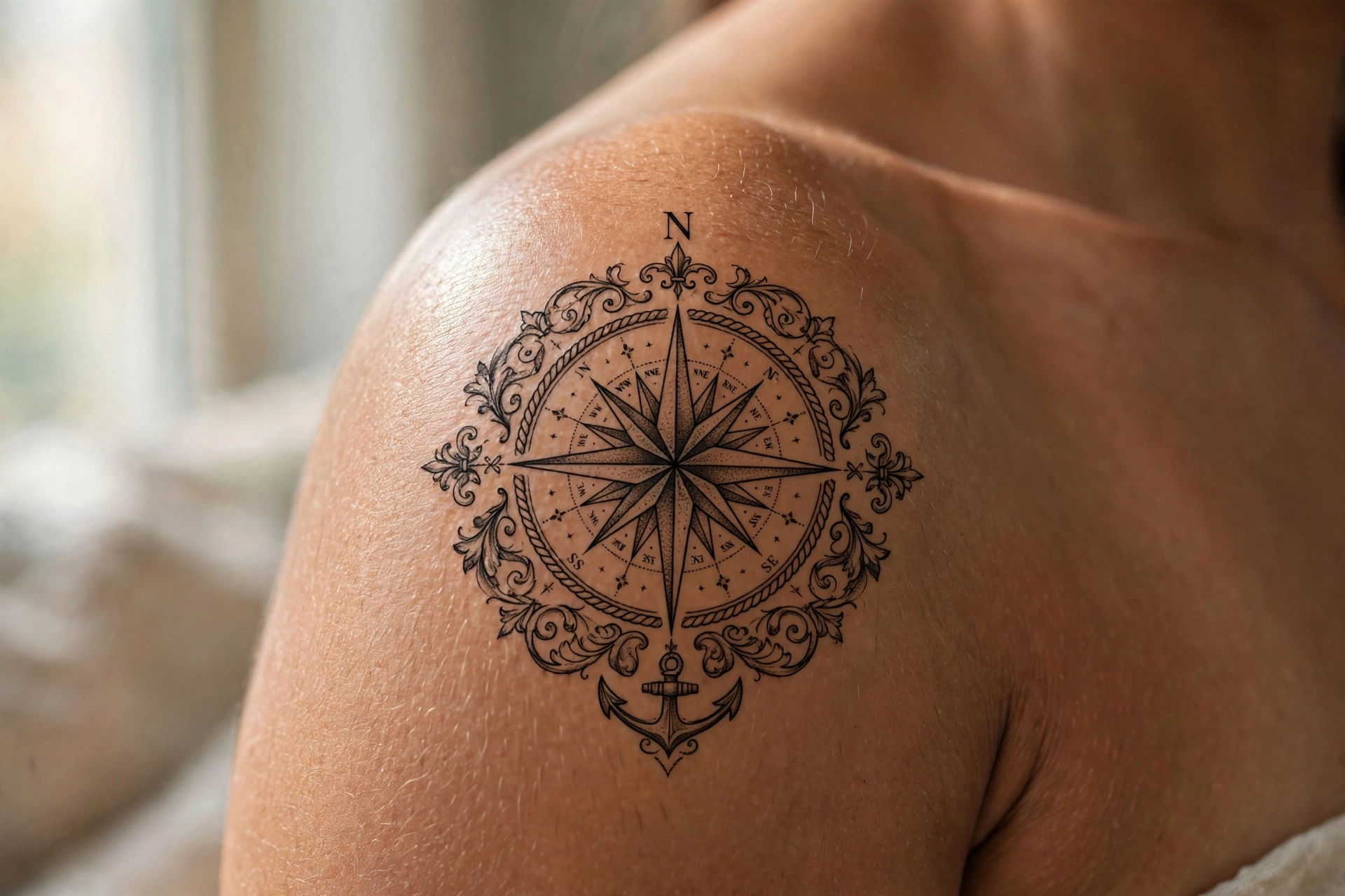 Detailed nautical compass rose tattoo with ocean shading