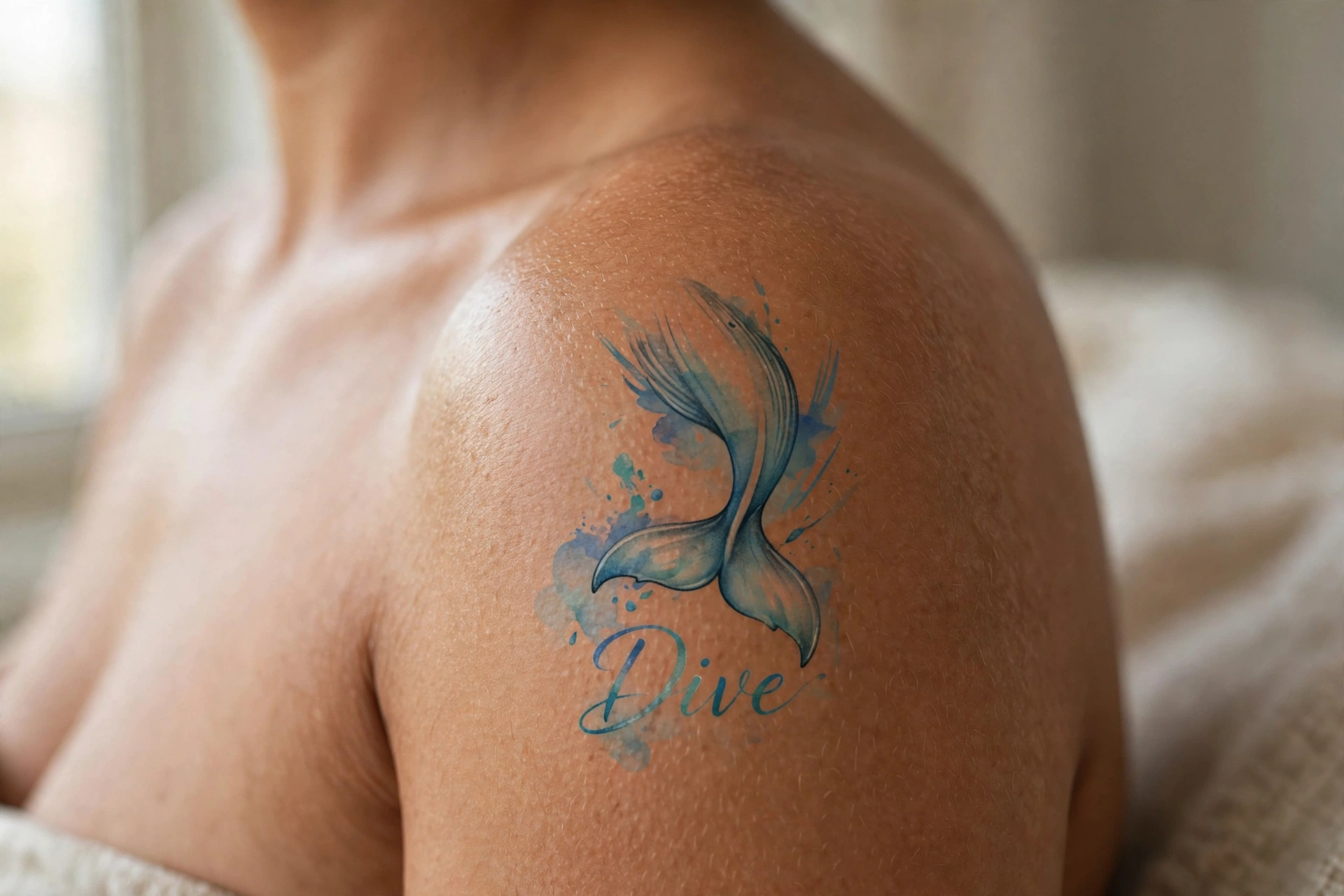 Whale fluke disappearing beneath waves tattoo