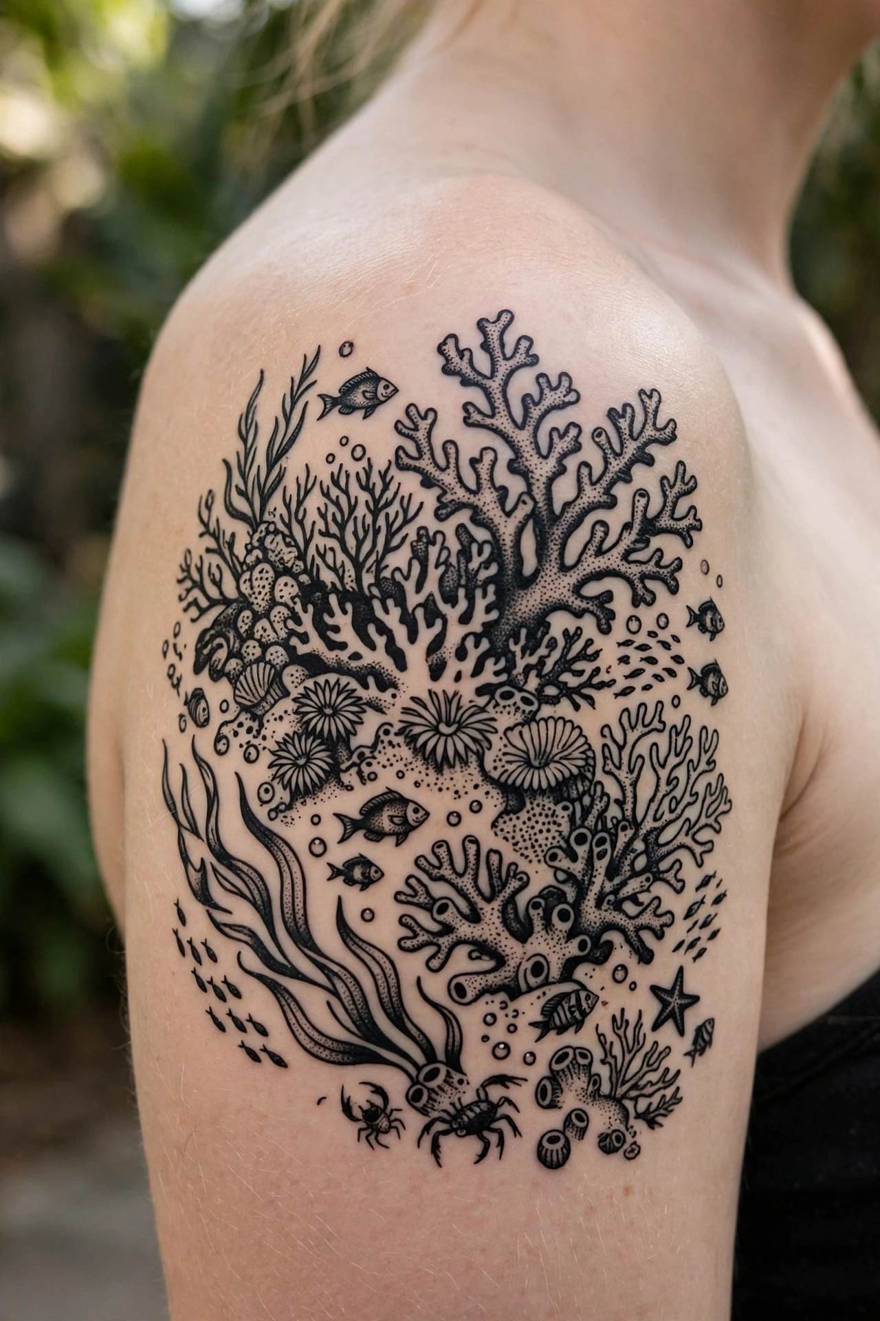 Vibrant coral reef with fish tattoo in full color