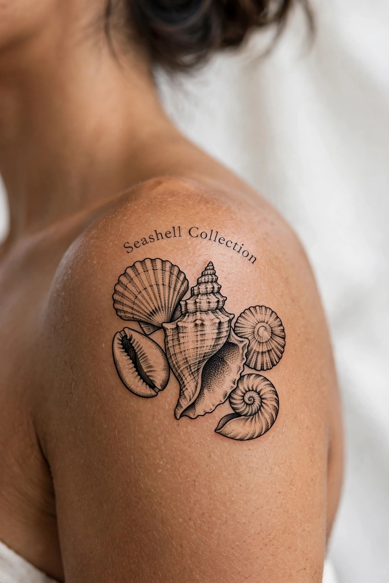 Assorted seashells tattoo in fine botanical detail