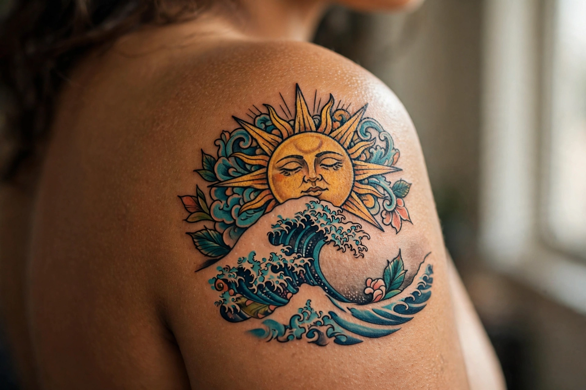 Wave curling beneath a rising sun tattoo
