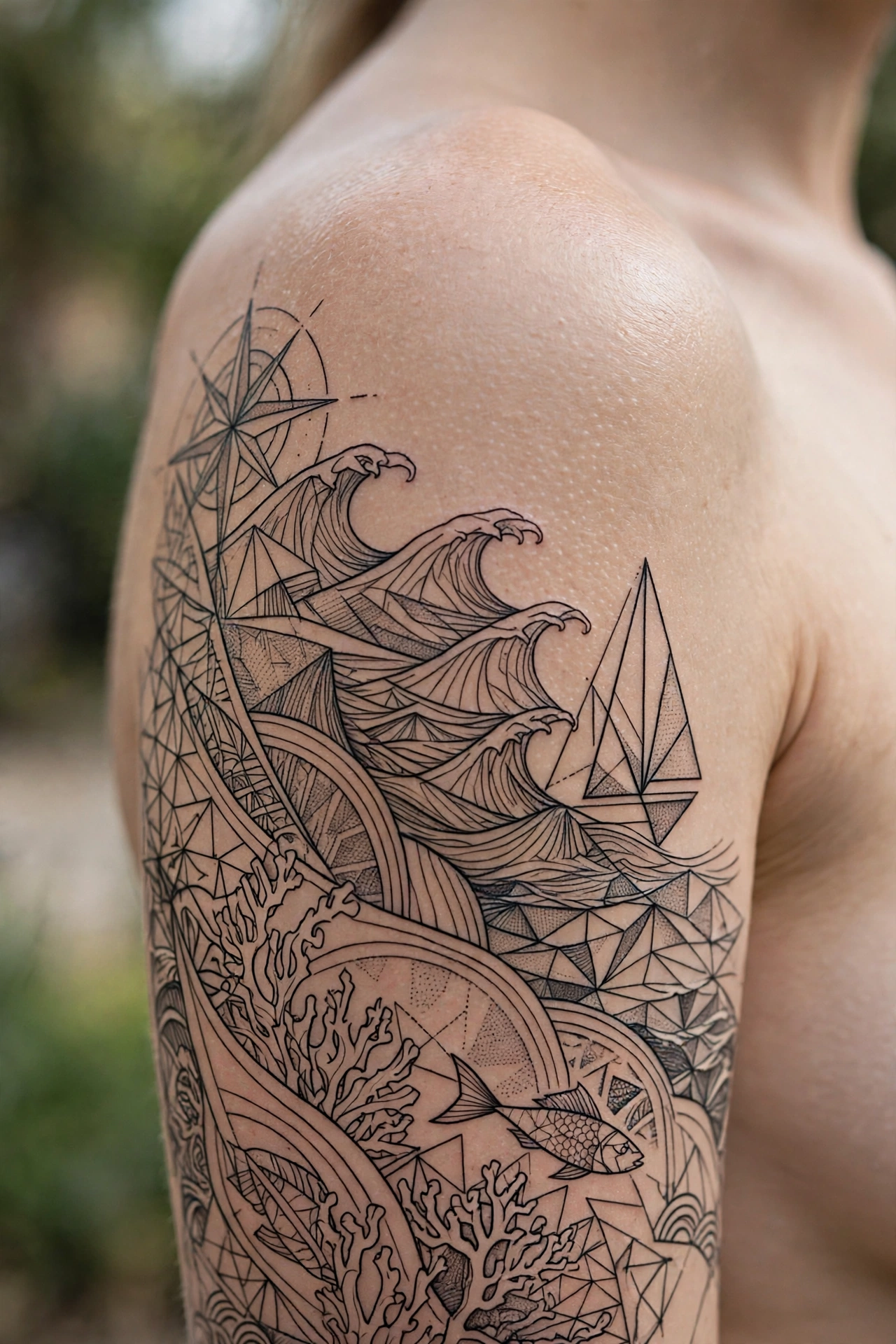 Full ocean sleeve with waves, creatures, and depth tattoo