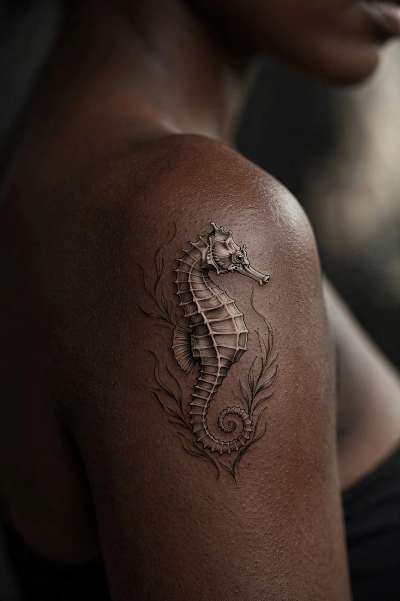 Fine-line seahorse tattoo with curled tail