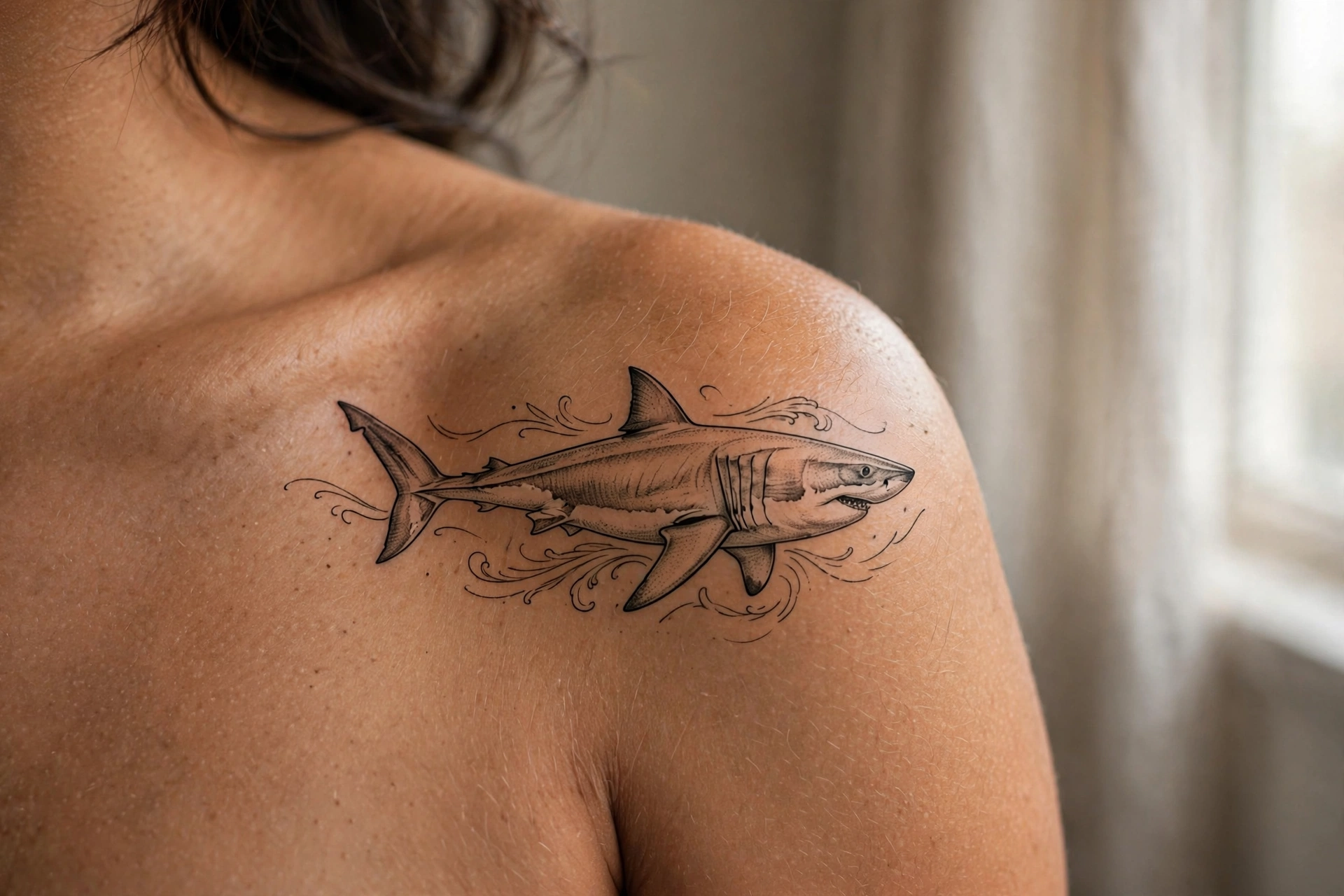 Photorealistic great white shark tattoo