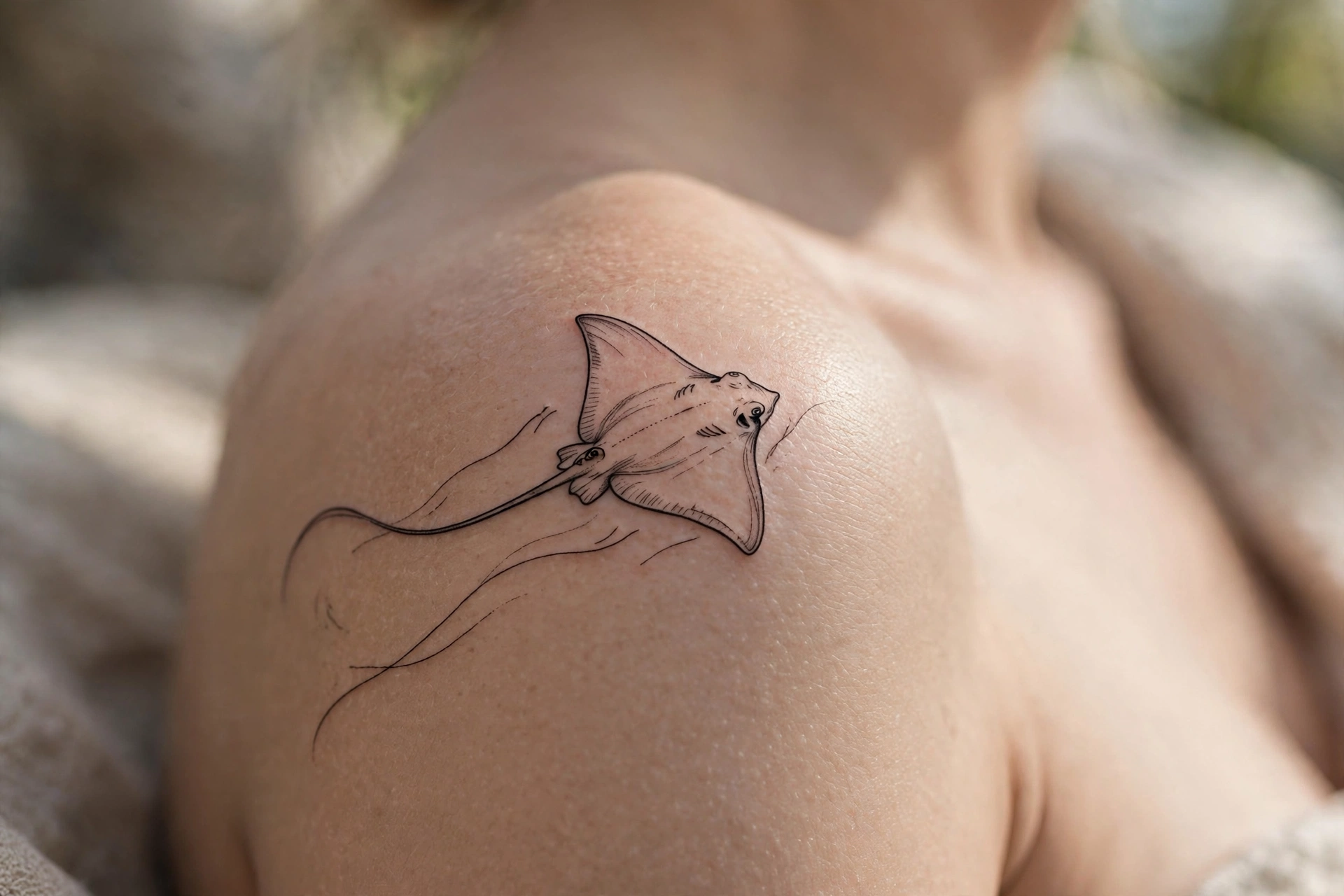 Spotted eagle ray gliding tattoo with graceful wing motion