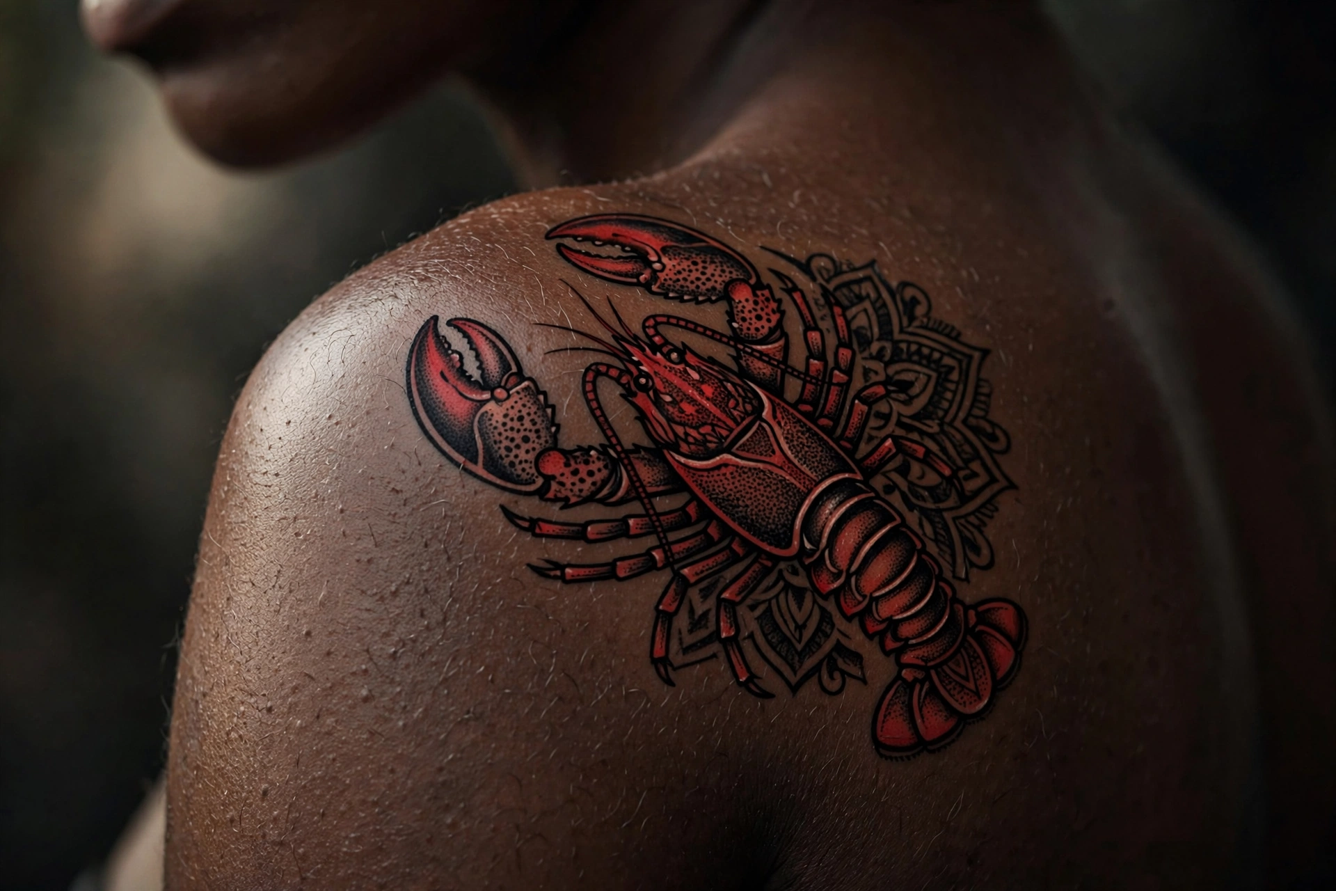 Bright red lobster tattoo in neo-traditional style