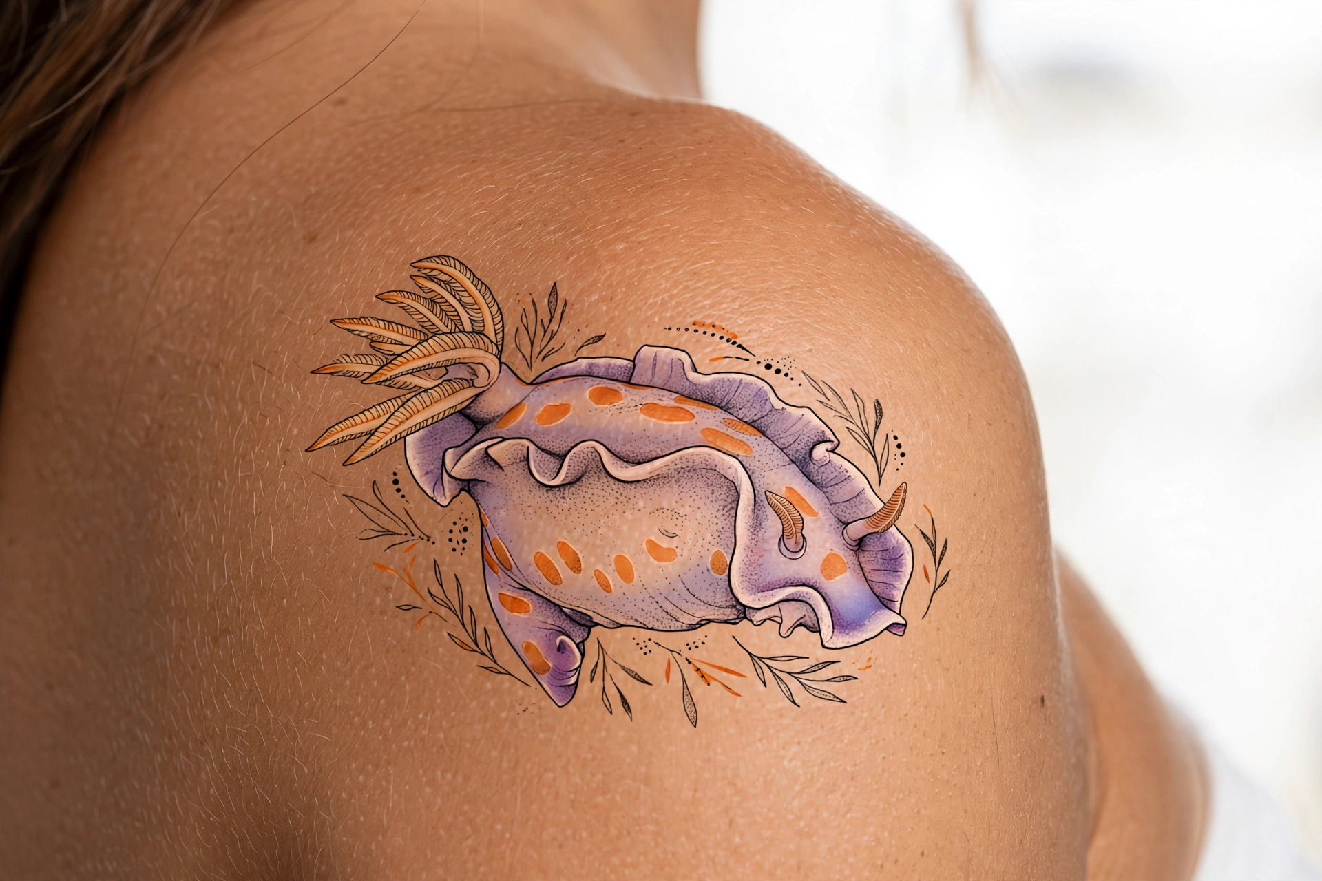 Colorful nudibranch sea slug tattoo in psychedelic patterns