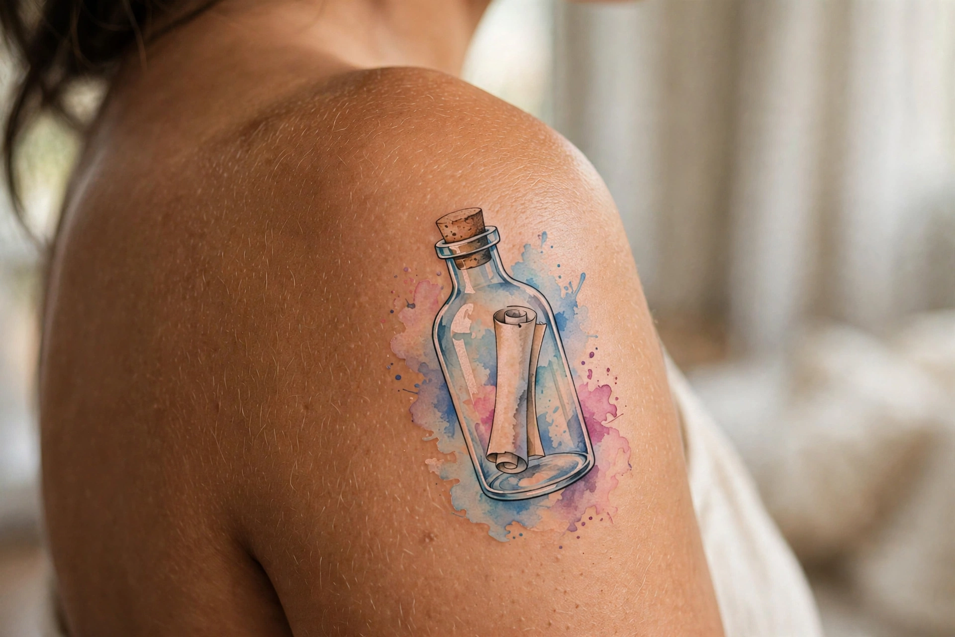 Bottle with a message floating on waves tattoo