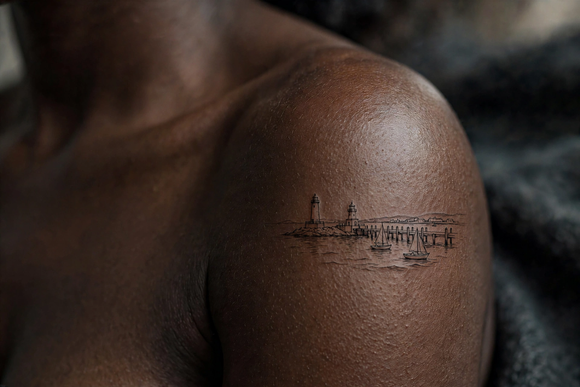 Quiet harbor with boats at dawn tattoo
