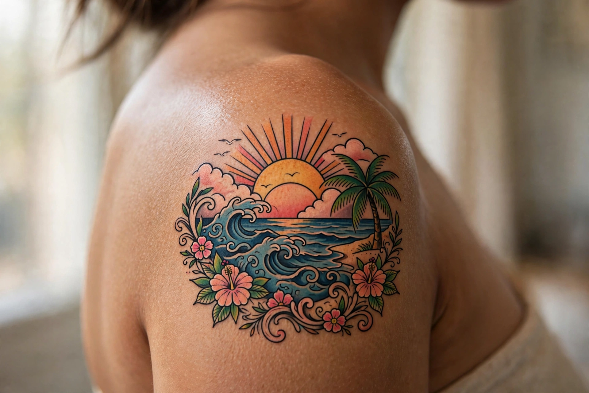 Beach sunset with palm silhouettes tattoo