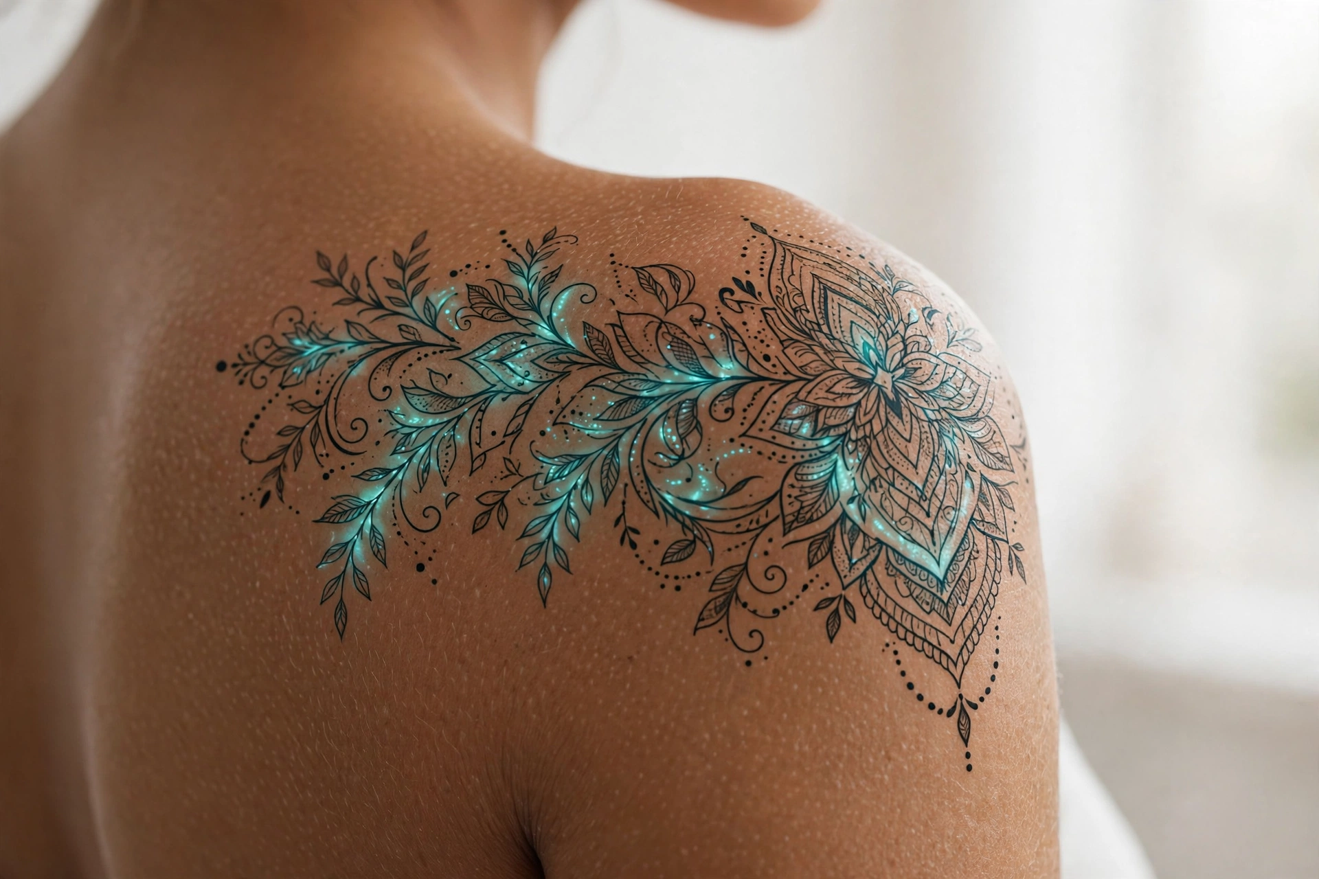Glowing bioluminescent waves tattoo in neon blues