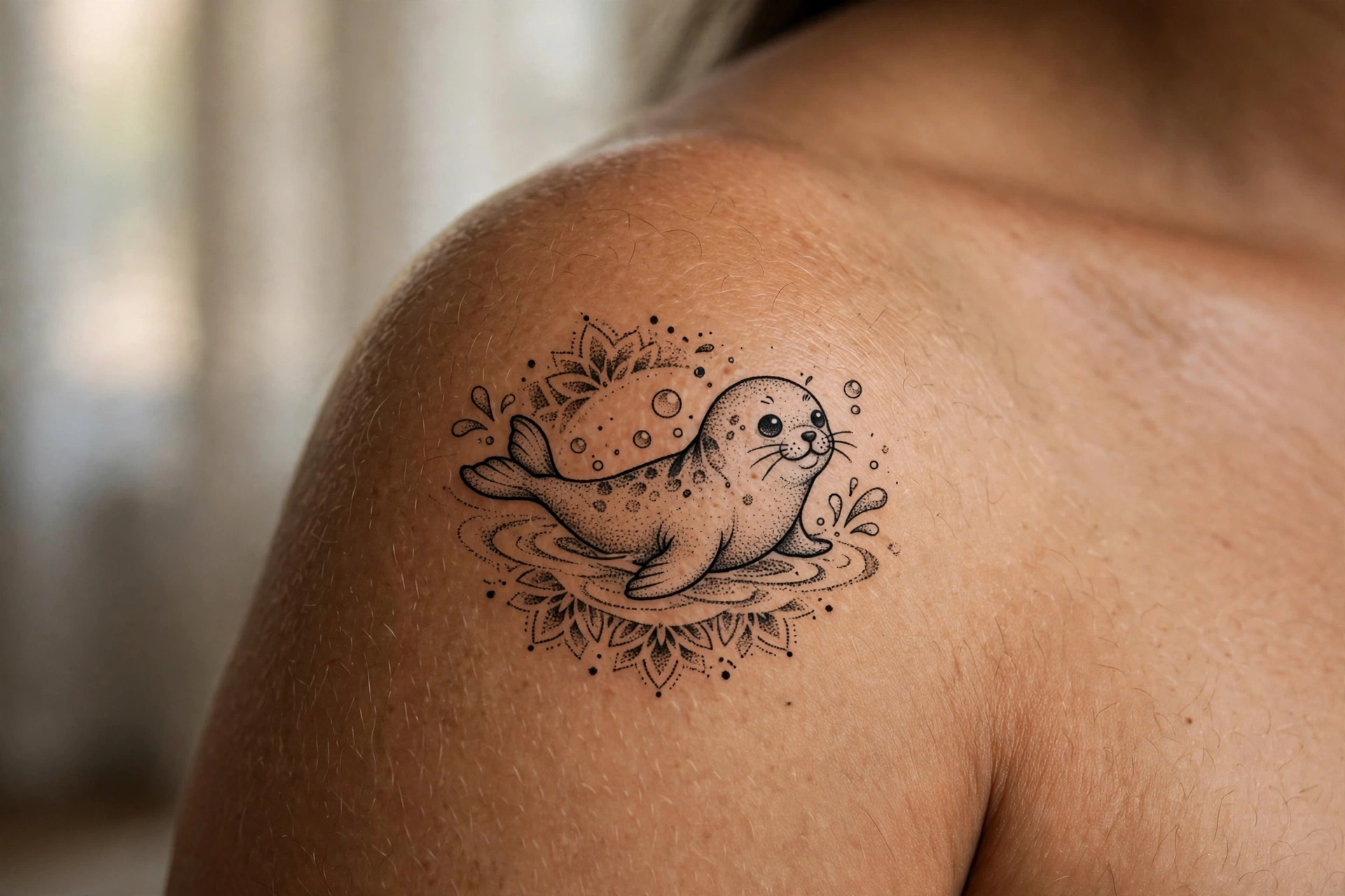 Playful seal balancing a ball tattoo