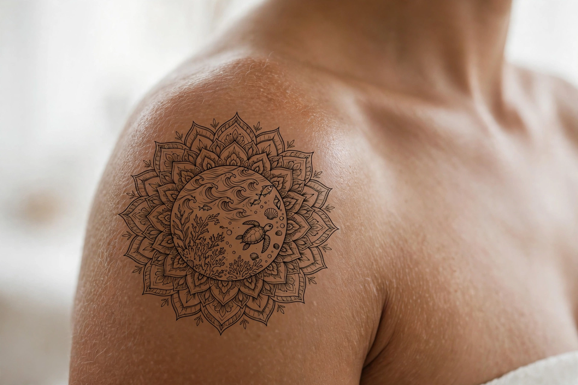 Mandala constructed from ocean elements tattoo