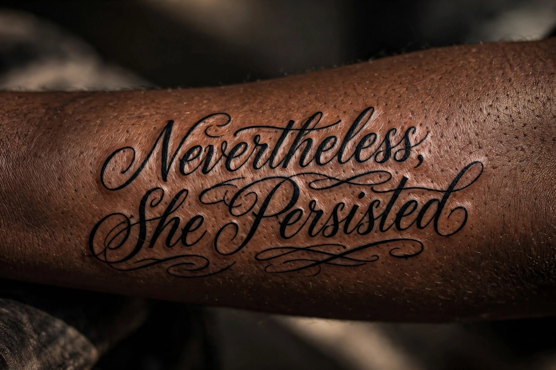 Nevertheless she persisted quote tattoo in flowing script on a shoulder blade