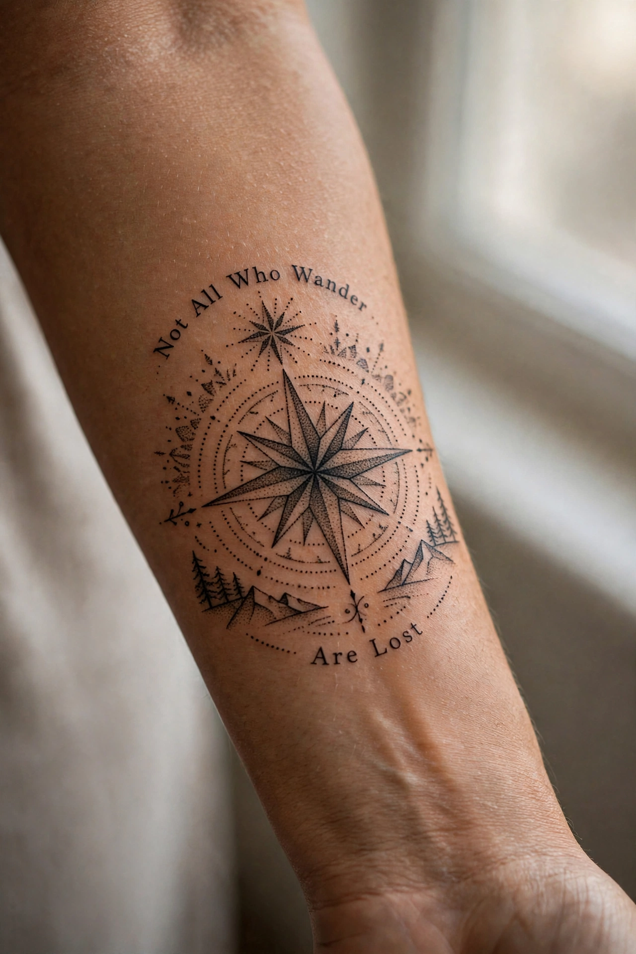 Not all who wander are lost quote tattoo with a compass on the forearm
