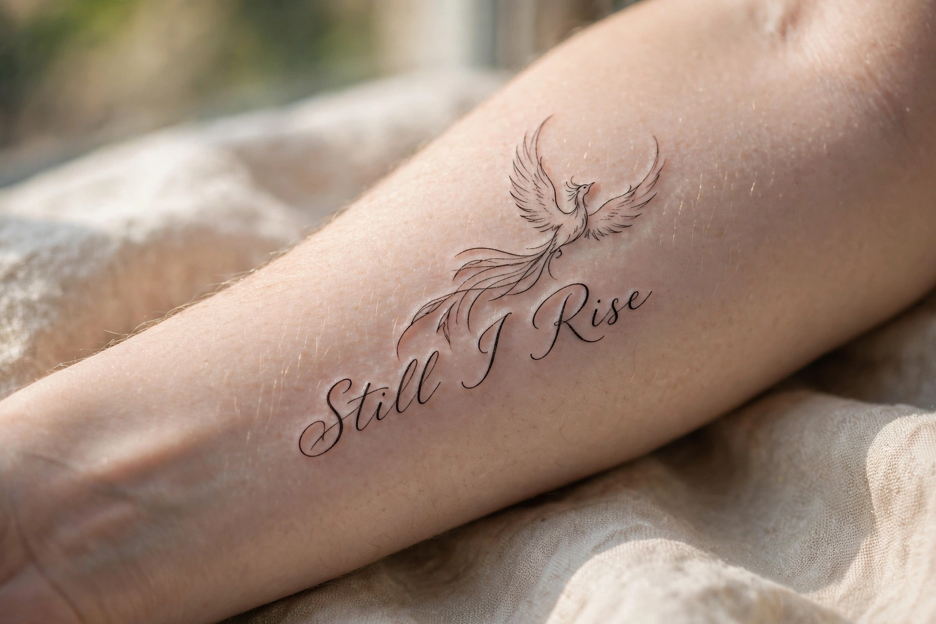 Still I rise quote tattoo with a rising phoenix along the spine