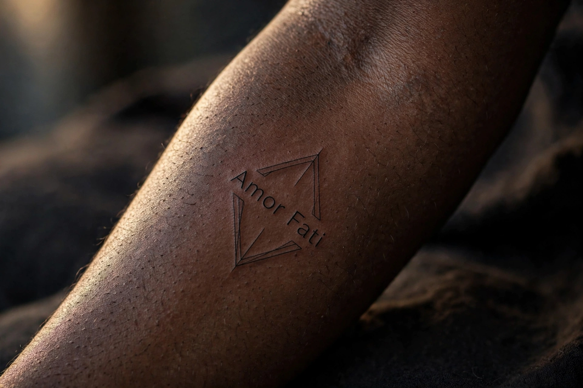 Amor fati quote tattoo in minimalist serif on a collarbone