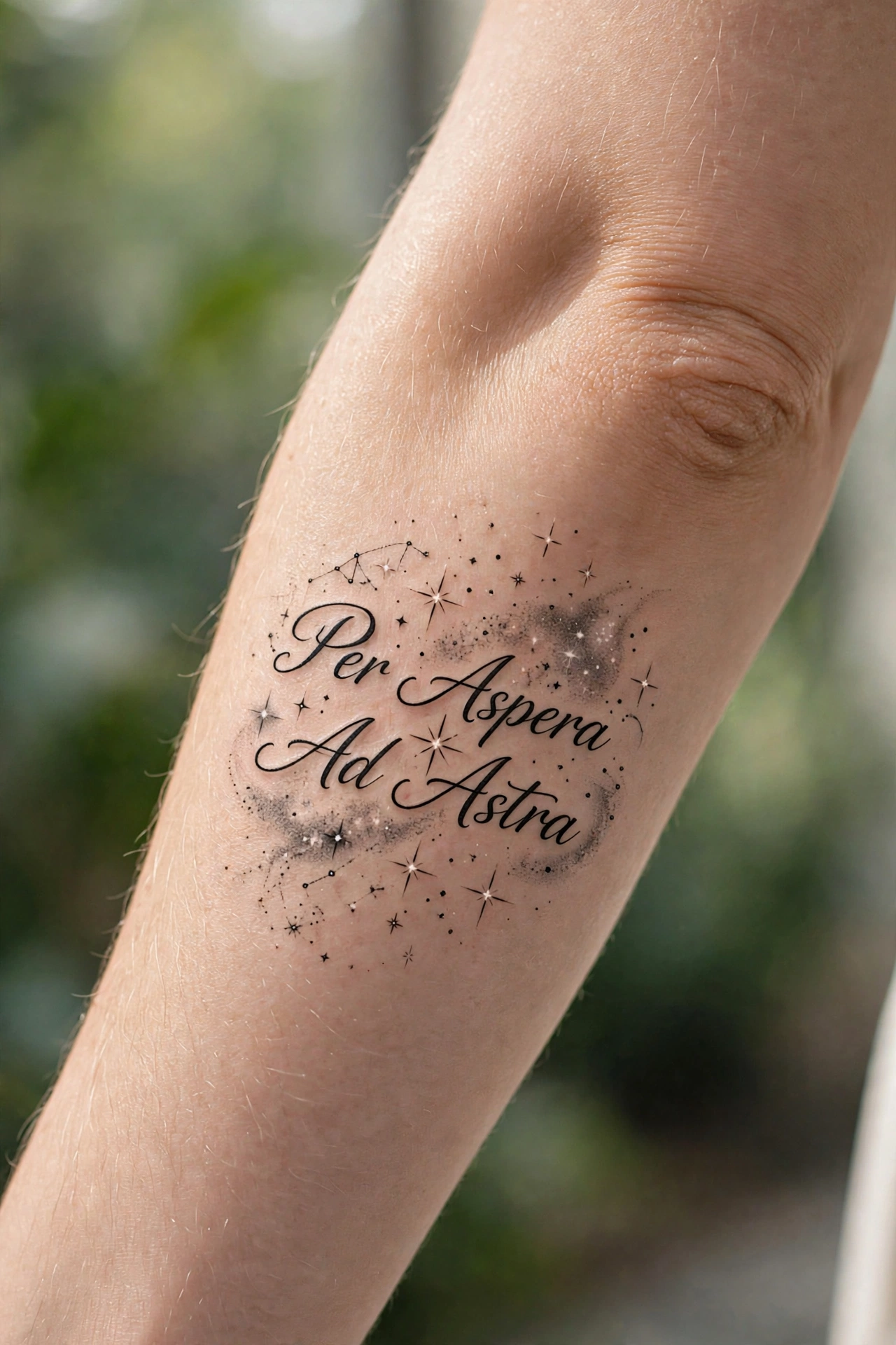 Per aspera ad astra quote tattoo with stars on an upper arm