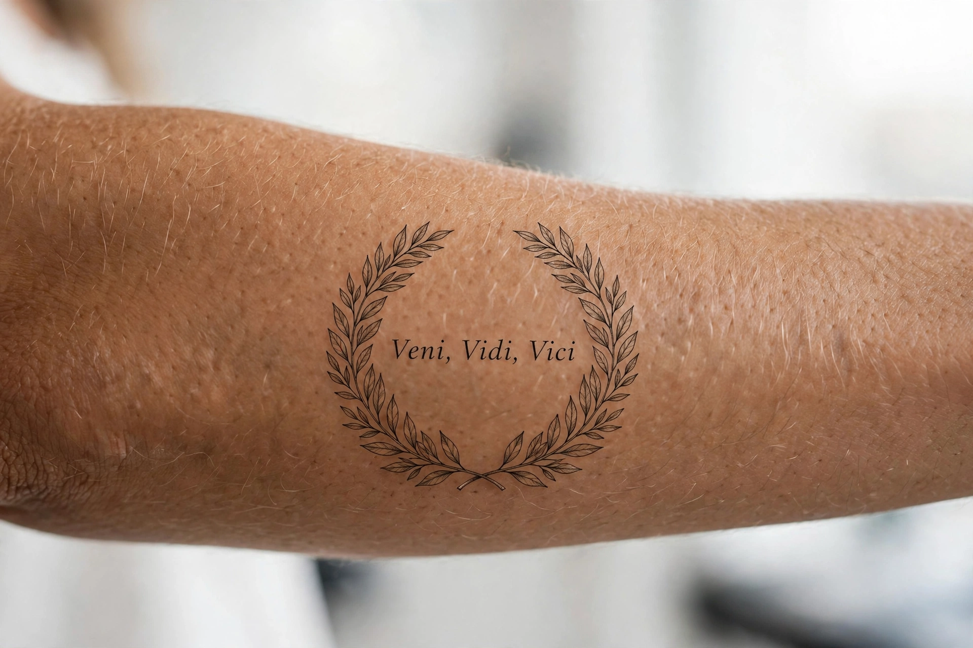 Veni vidi vici quote tattoo with a laurel wreath on the calf