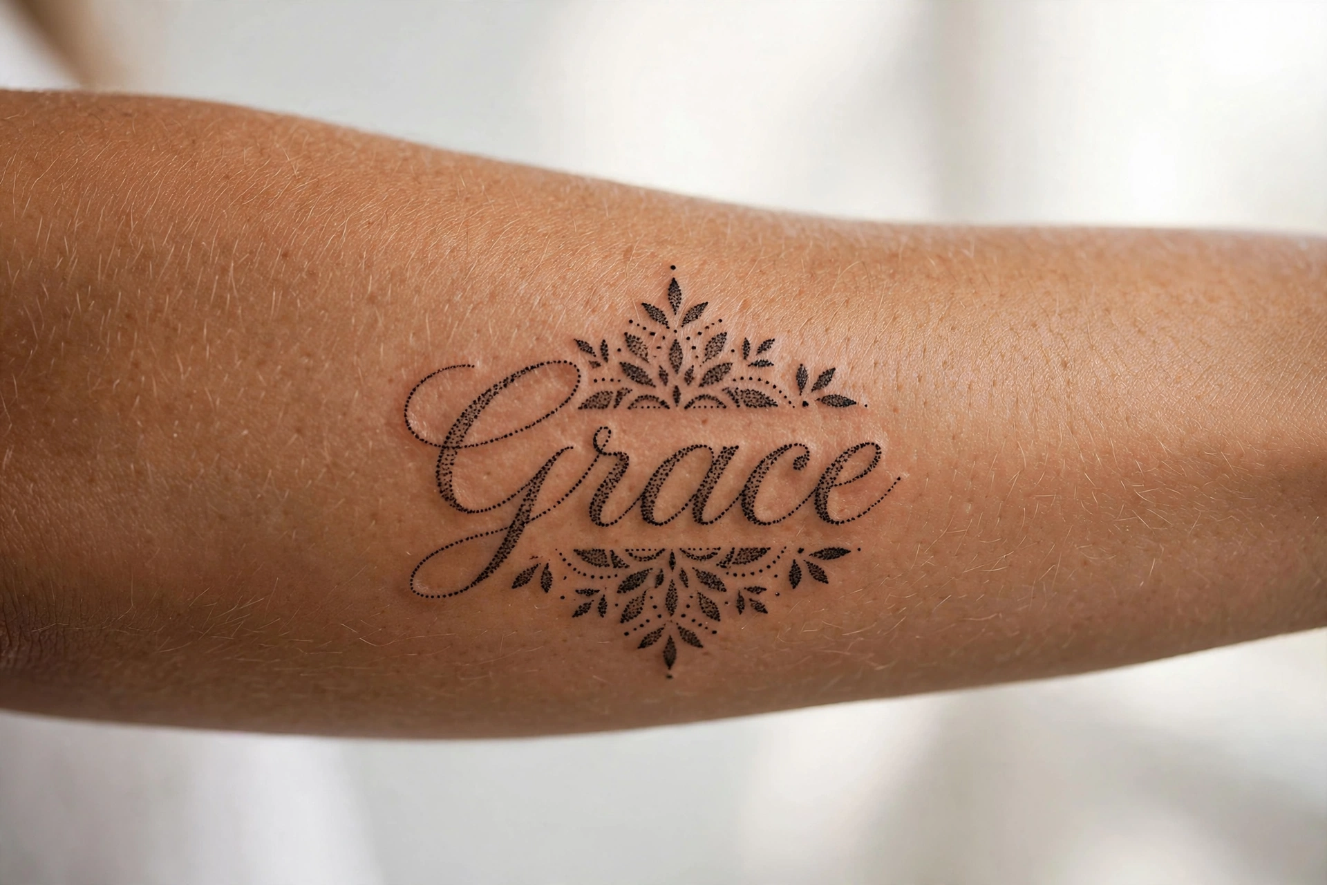 Grace single word quote tattoo in elegant script on a collarbone