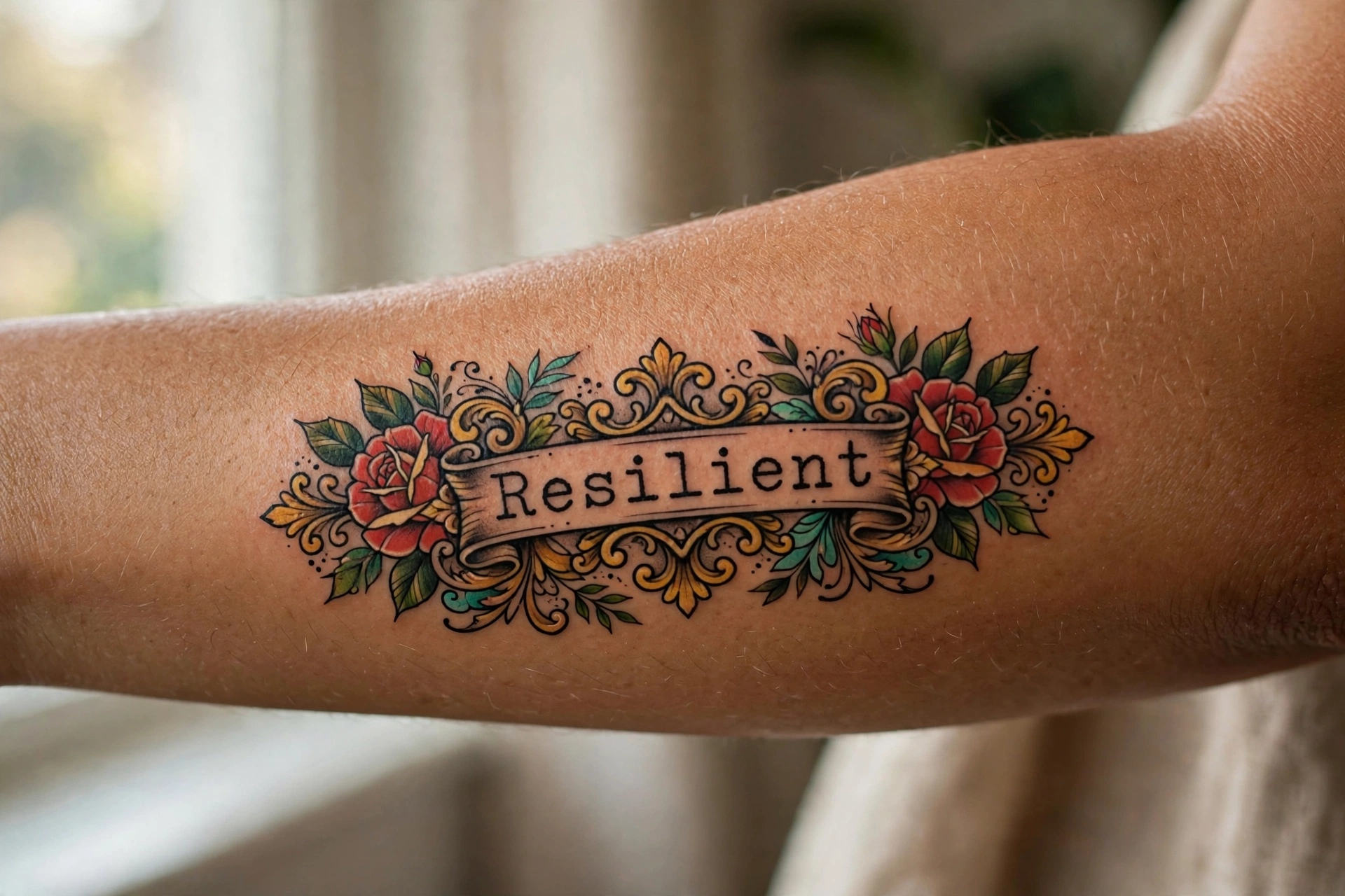 Resilient quote tattoo in typewriter lettering on a forearm