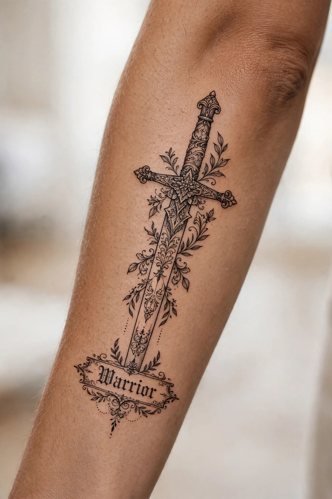 Warrior quote tattoo with a small sword accent on the shoulder