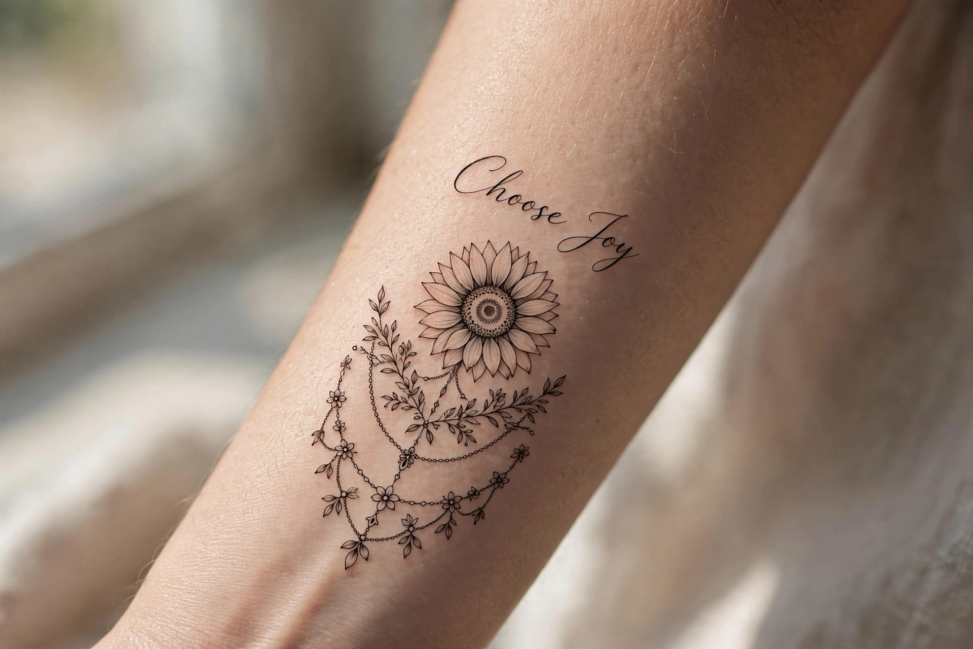 Choose joy quote tattoo with a sunflower on the ankle