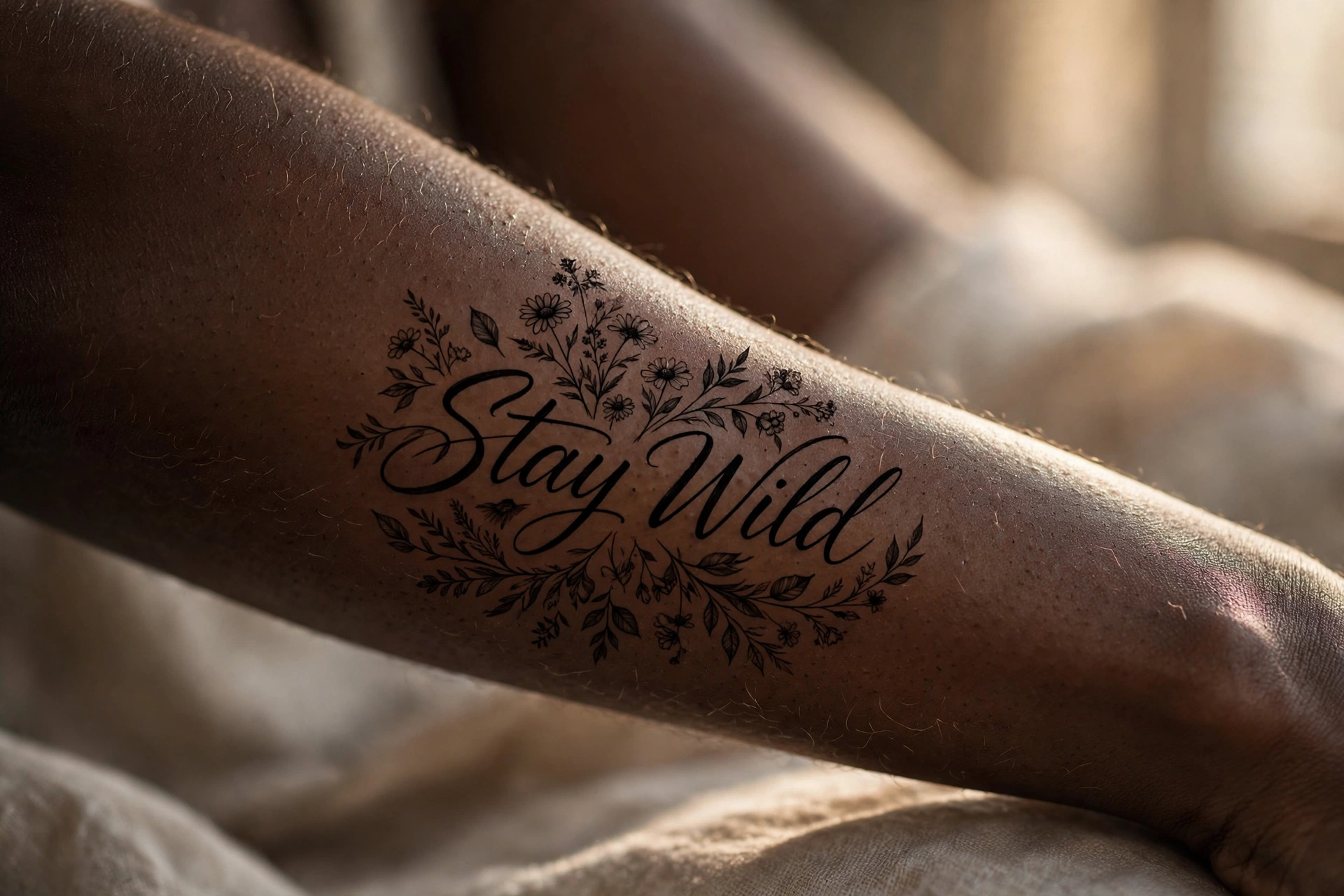Stay wild quote tattoo with wildflowers on the shoulder