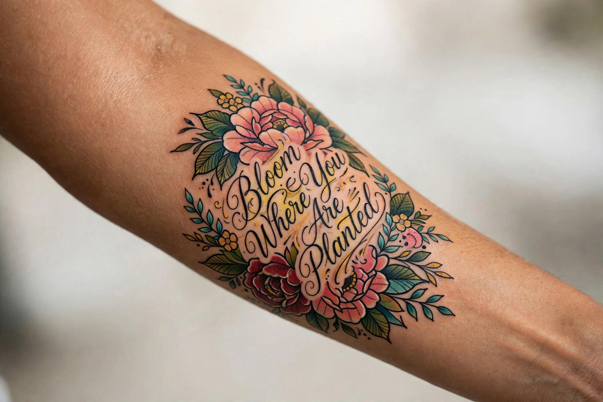 Bloom where you are planted quote tattoo with florals on the thigh