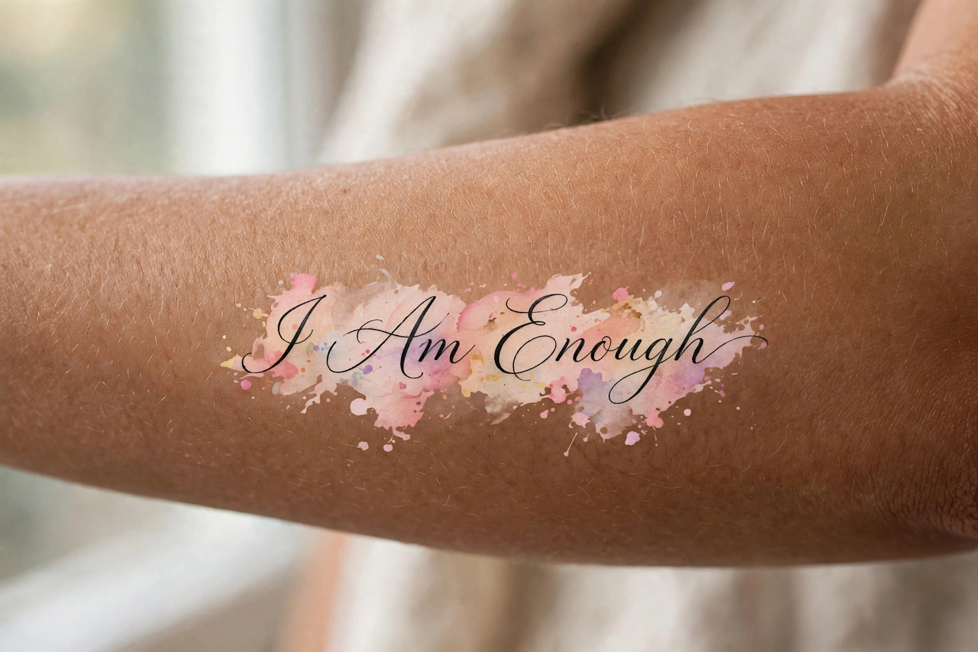 I am enough quote tattoo in mirror style script on the sternum
