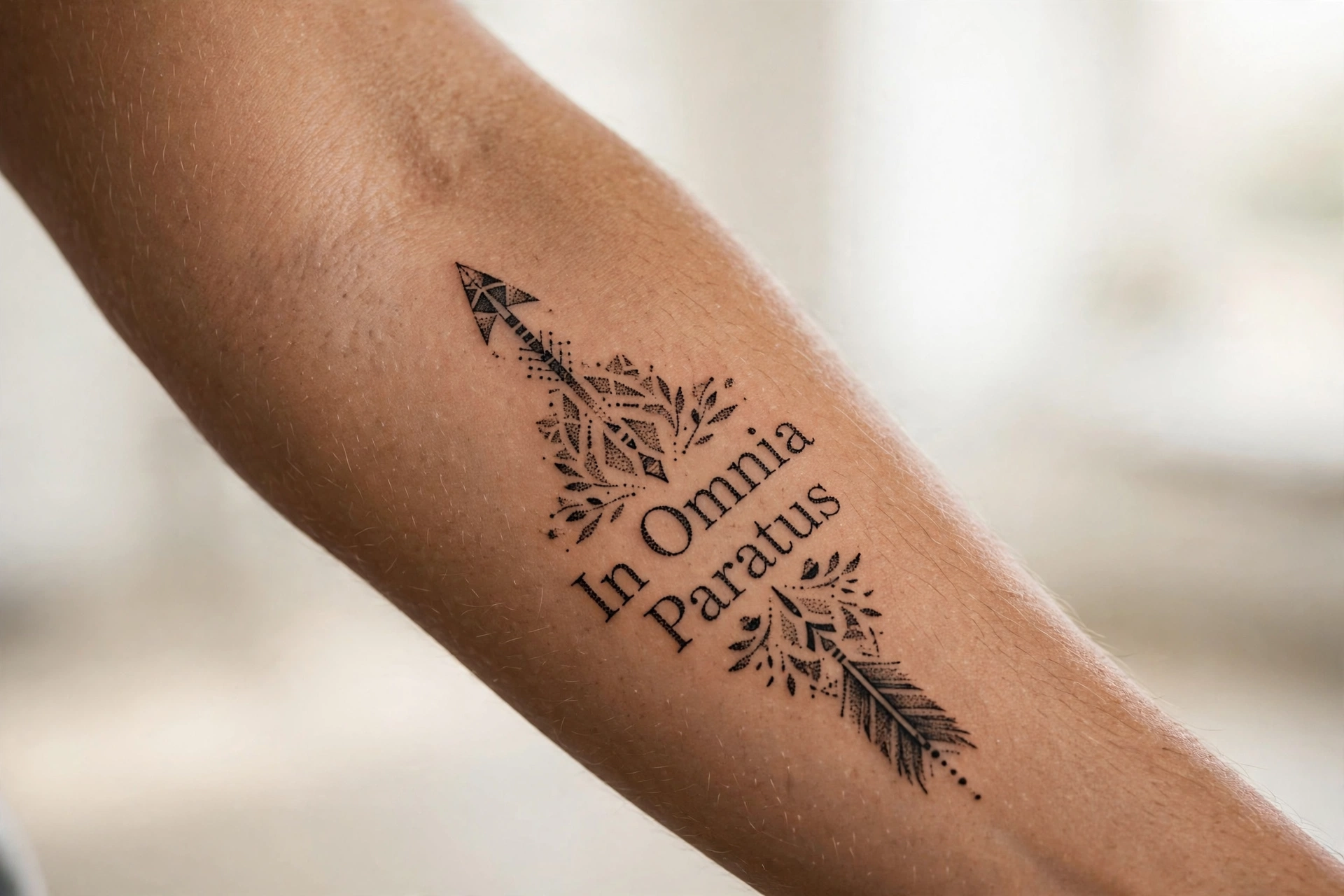 In omnia paratus quote tattoo with an arrow on the bicep