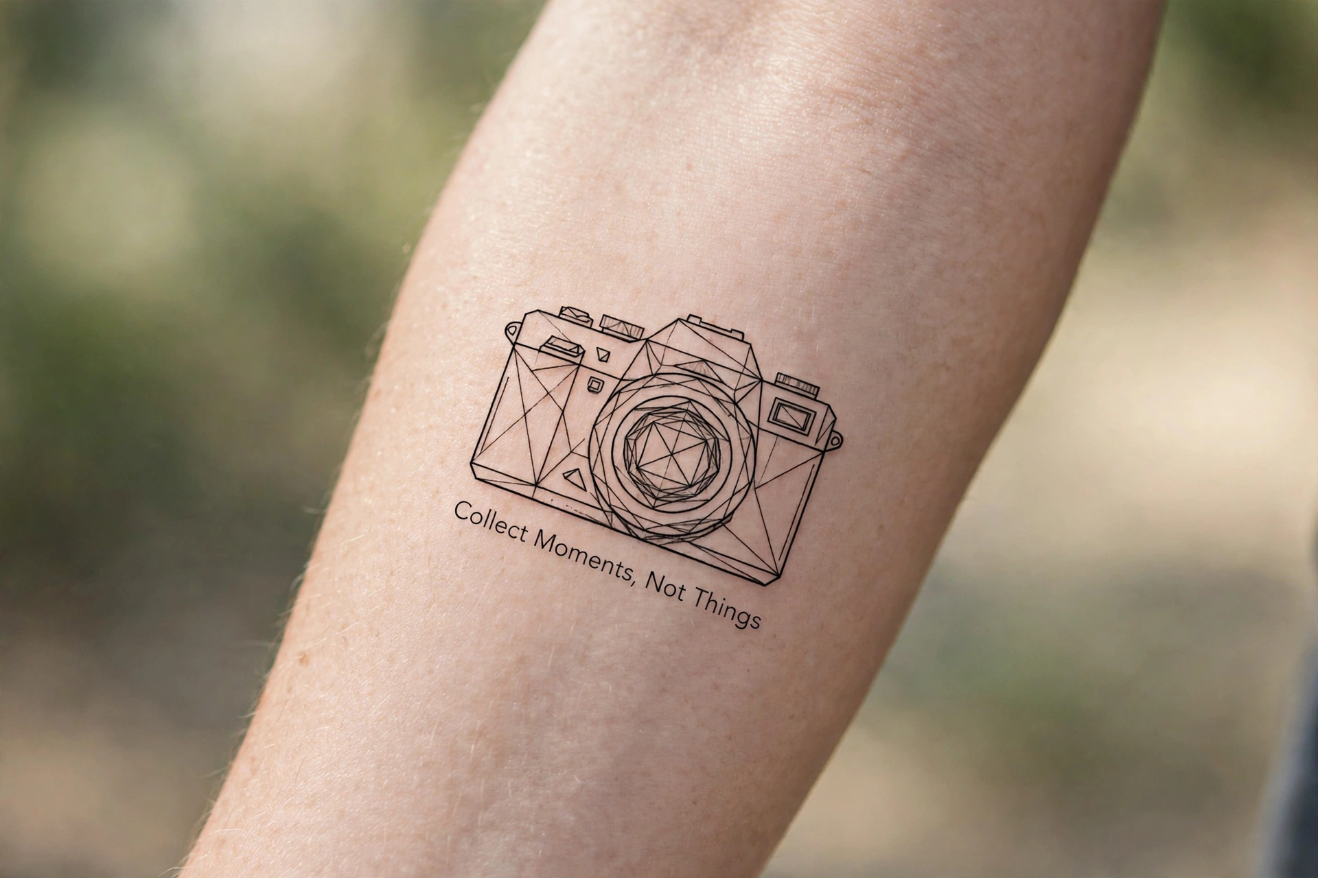 Collect moments not things quote tattoo with a camera on the forearm