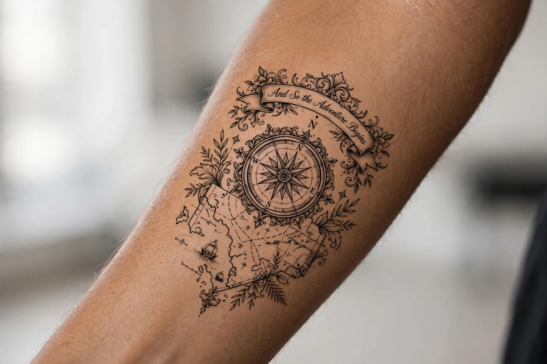 And so the adventure begins quote tattoo with a compass on the calf