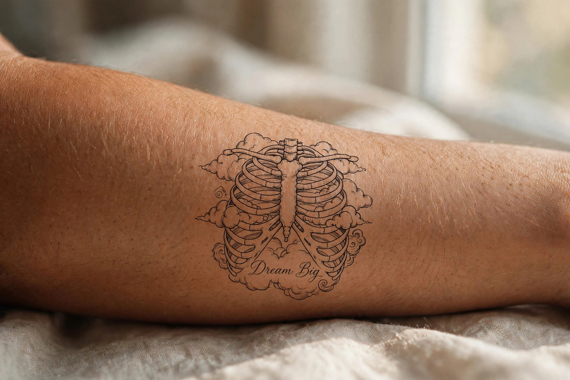 Dream big quote tattoo with clouds on the ribcage