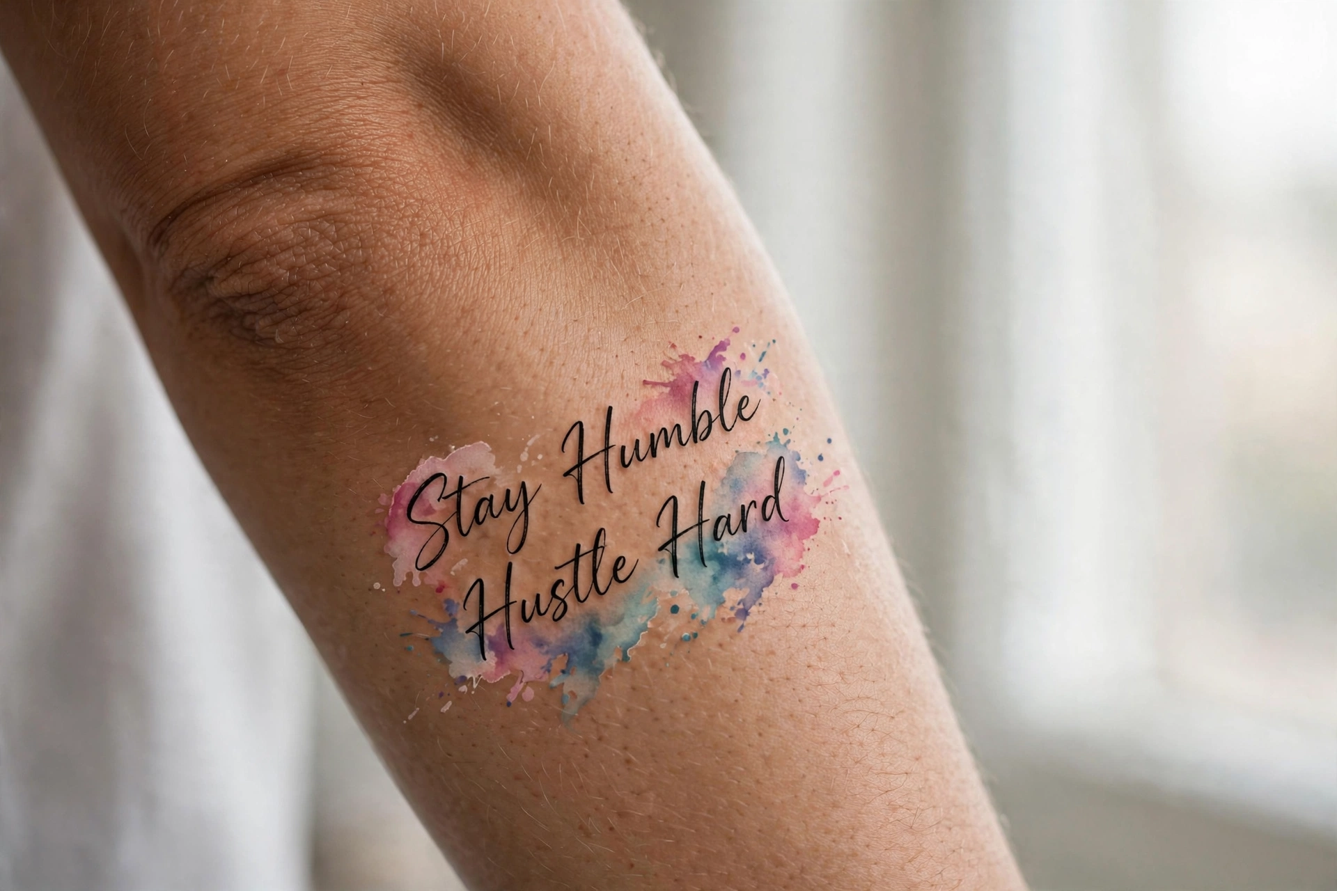 Stay humble hustle hard quote tattoo in two line lettering on a forearm