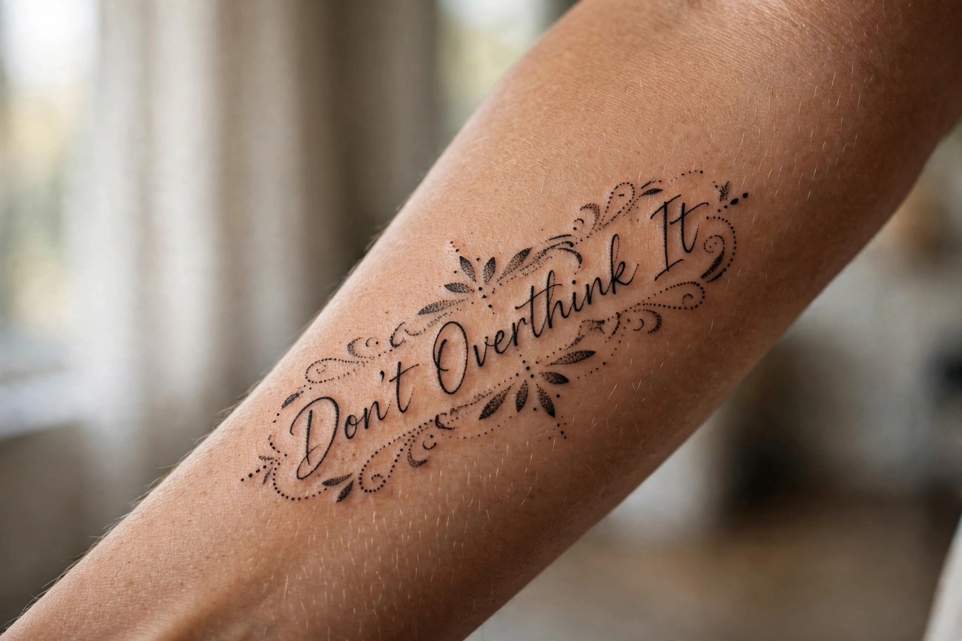 Dont overthink it quote tattoo in casual handwriting on an ankle
