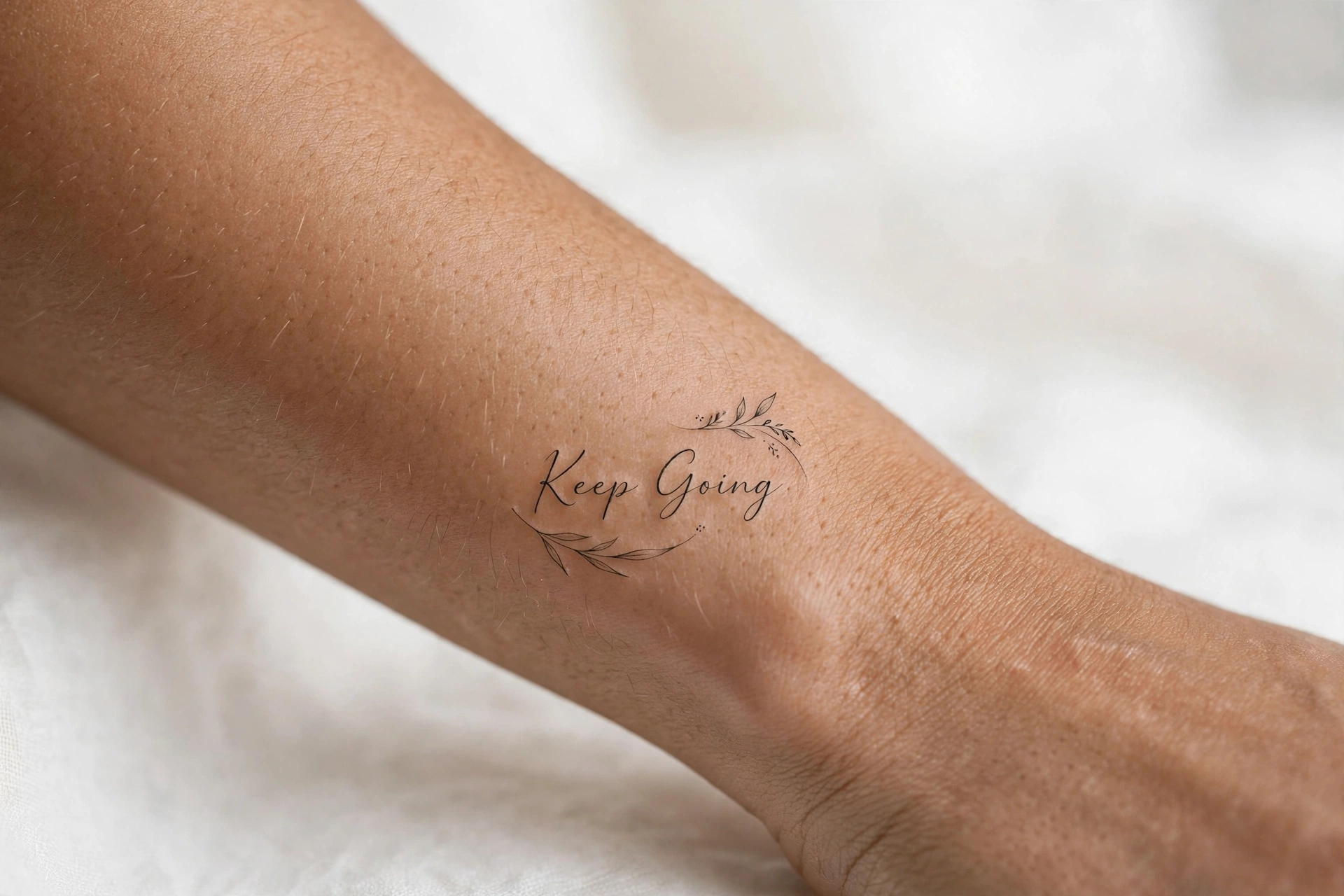 Keep going minimalist quote tattoo on the wrist