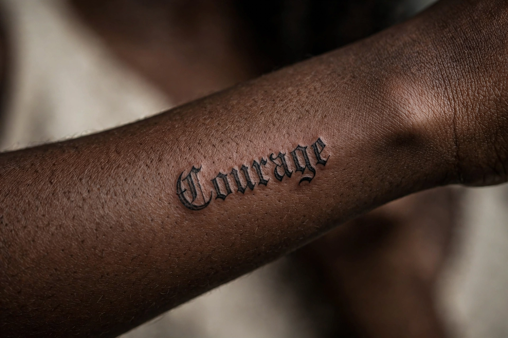 Courage single word quote tattoo in blackletter on the forearm
