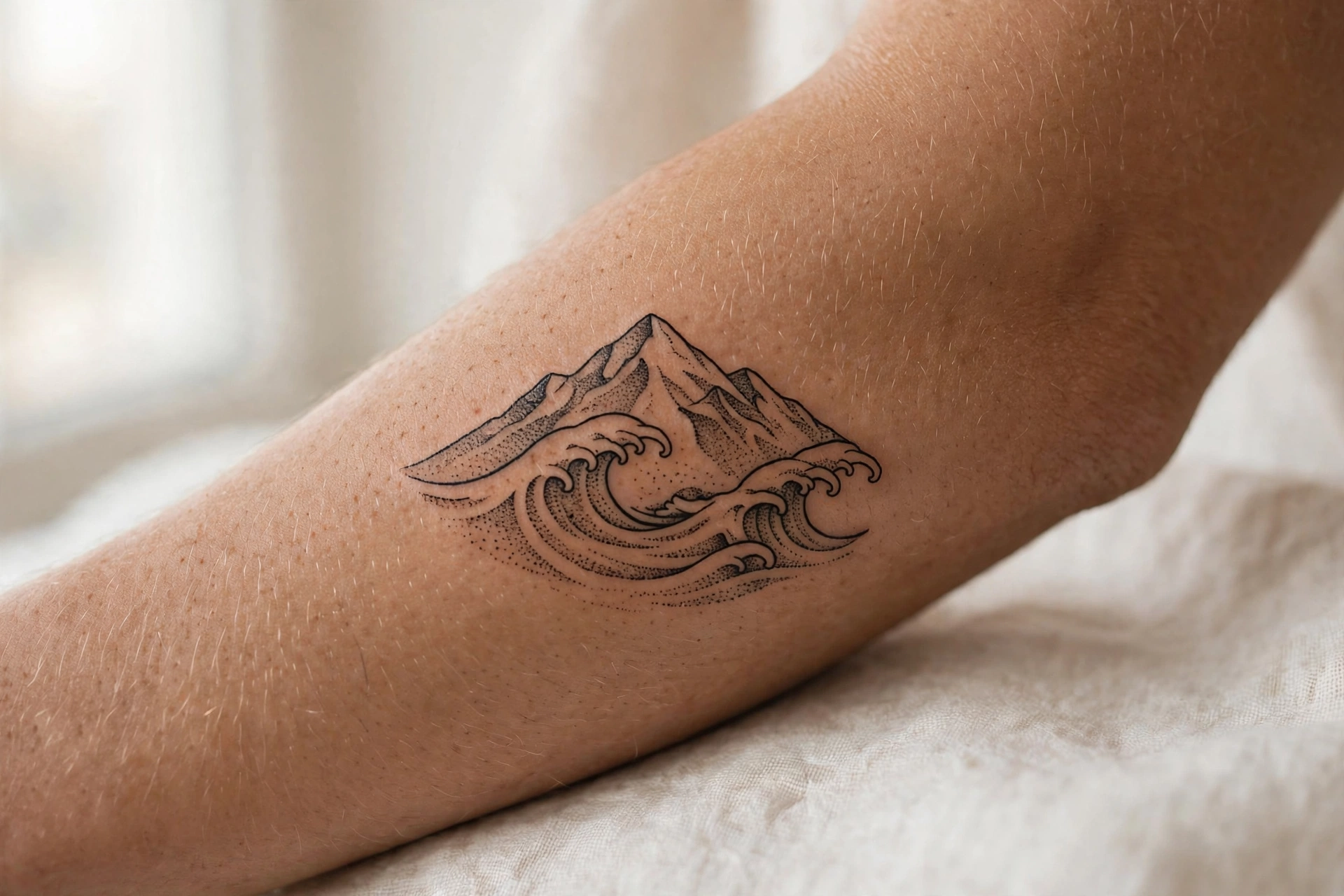 Mountain and wave circle tattoo for siblings