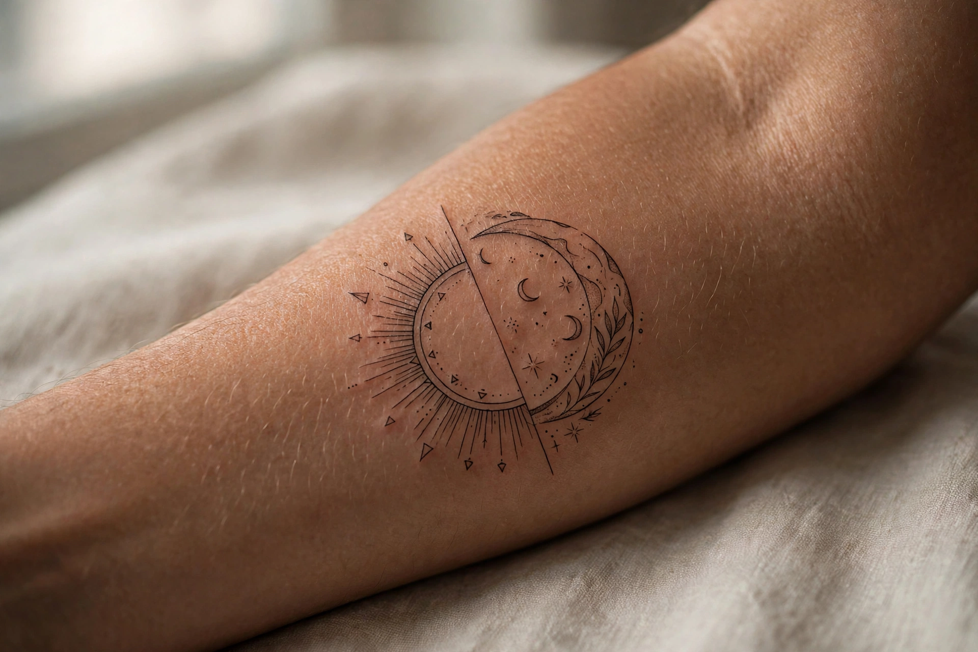 Half sun half moon split tattoo for siblings