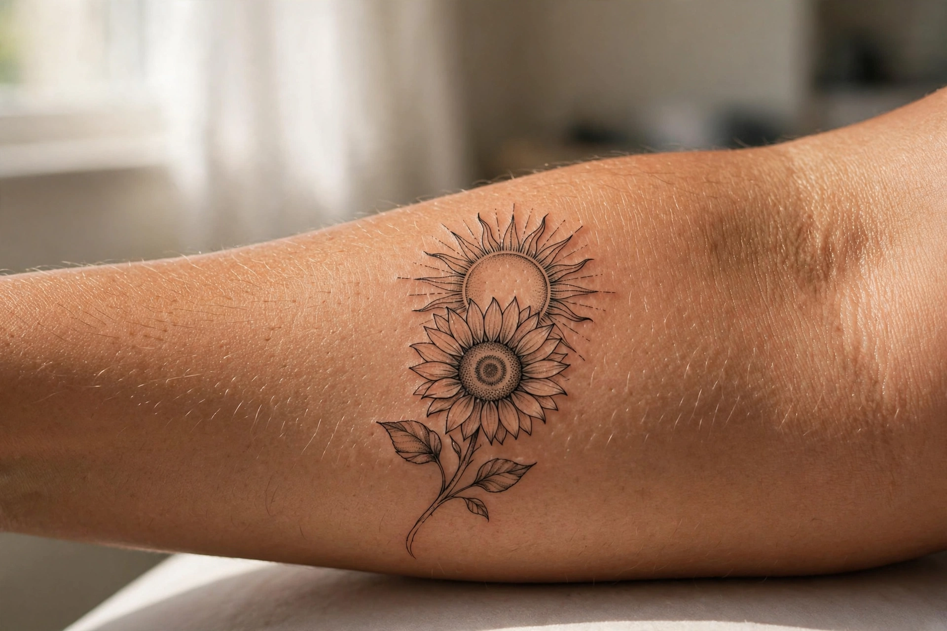 Sun and sunflower matching tattoos for siblings