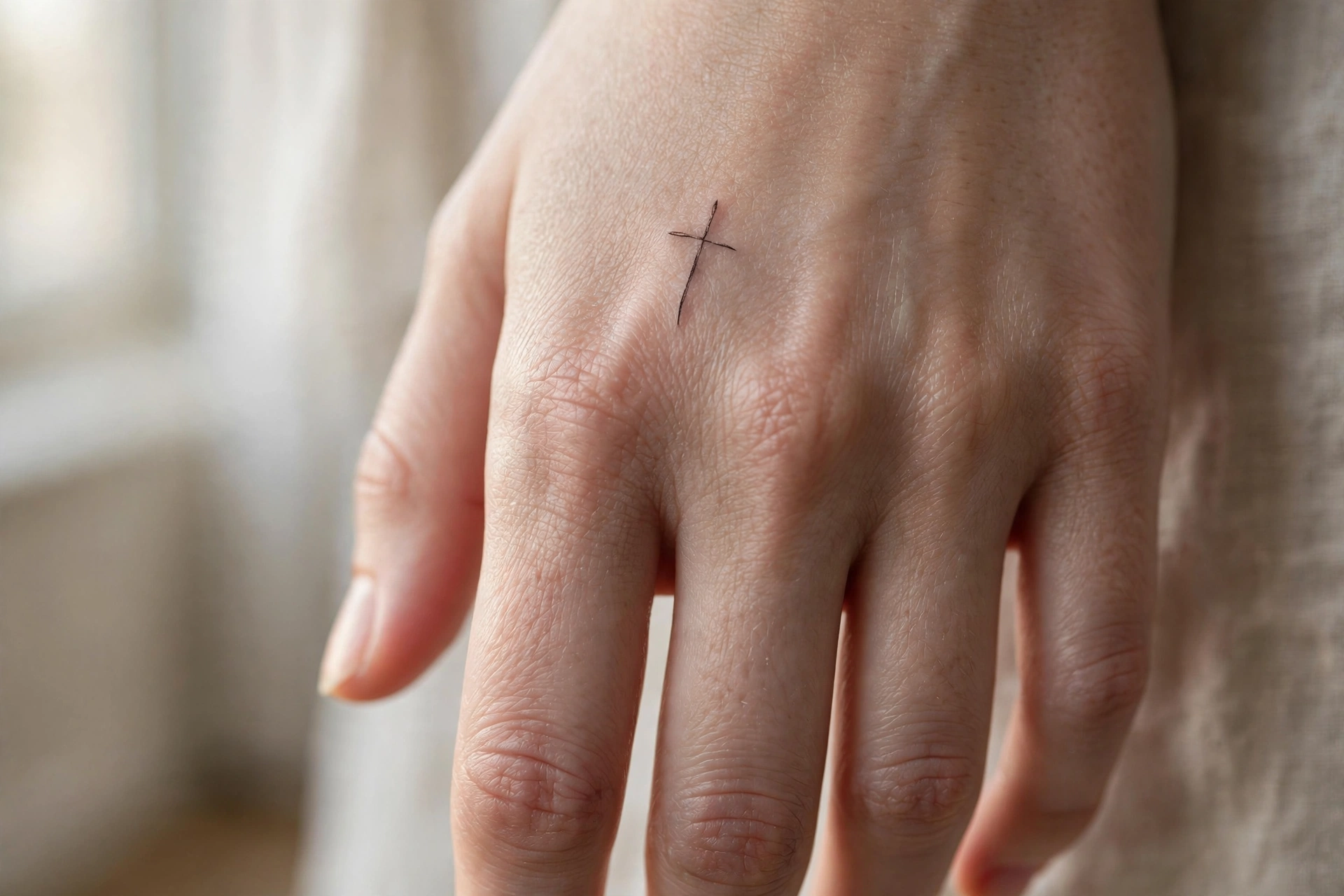 Slim fine-line dagger tattoo along the side of a hand
