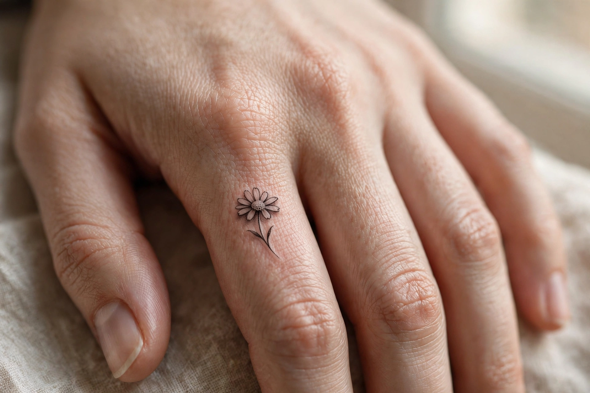 Small snake slithering down the side of a hand tattoo