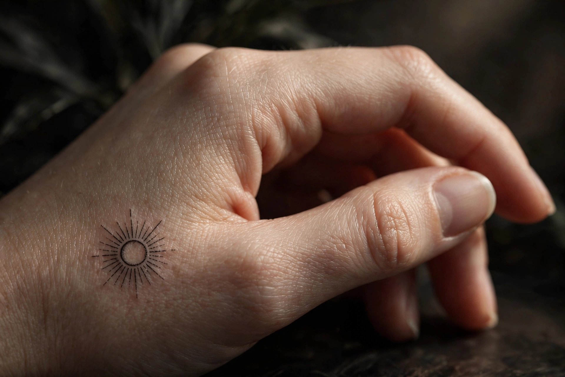 Delicate luna moth tattoo on the side of a hand