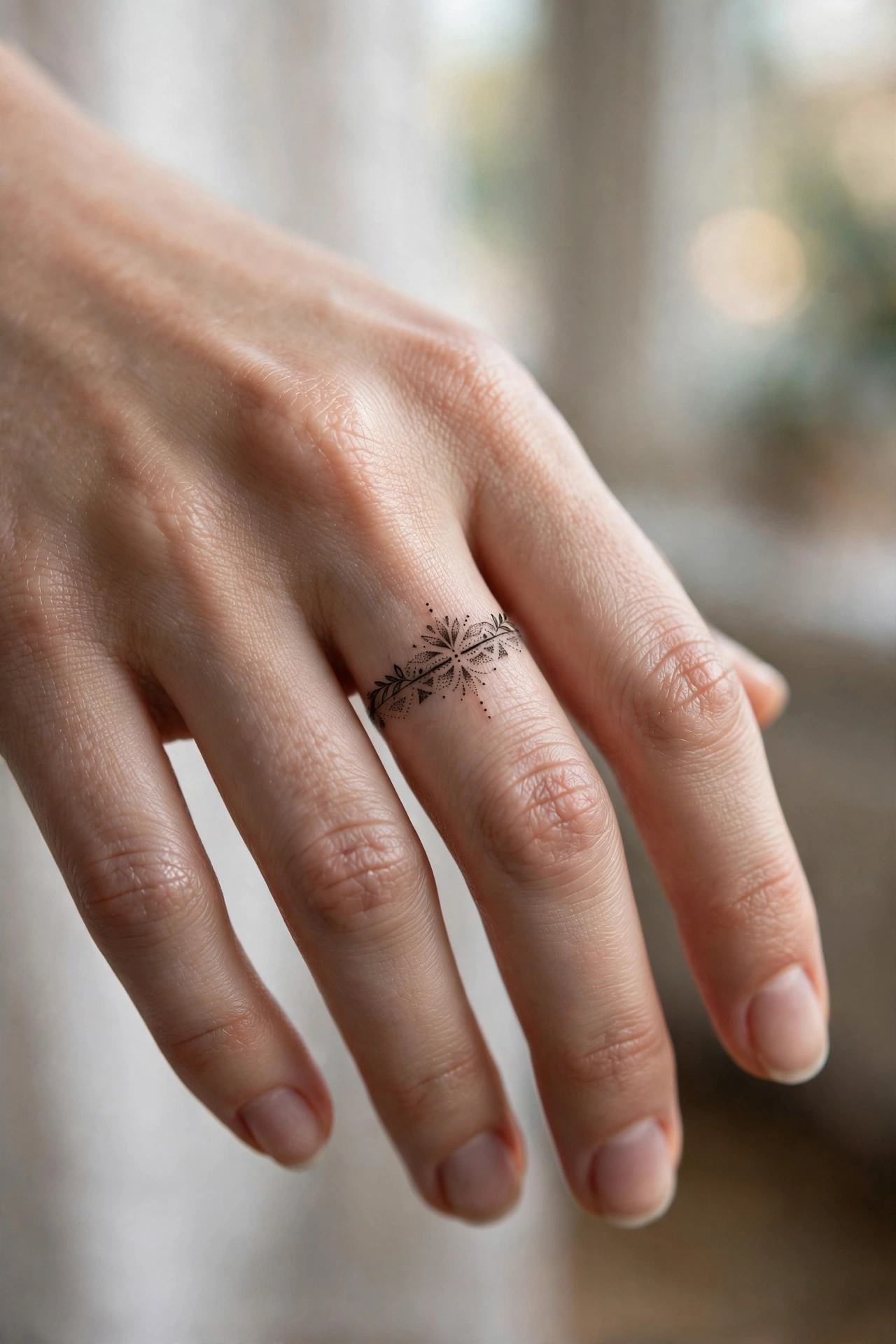 Slender olive branch tattoo running down the side of a hand