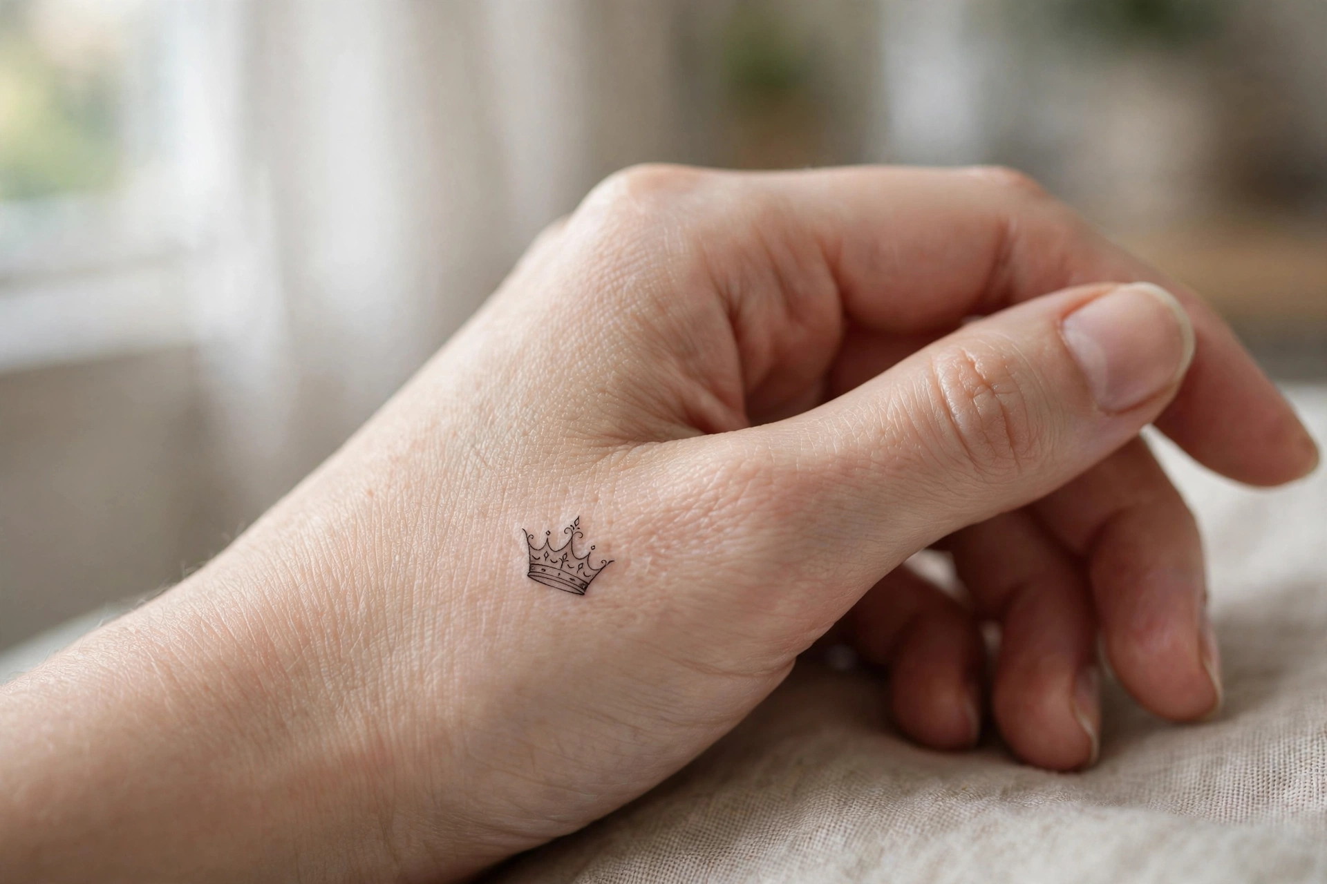 Long thin arrow tattoo pointing down the side of a hand