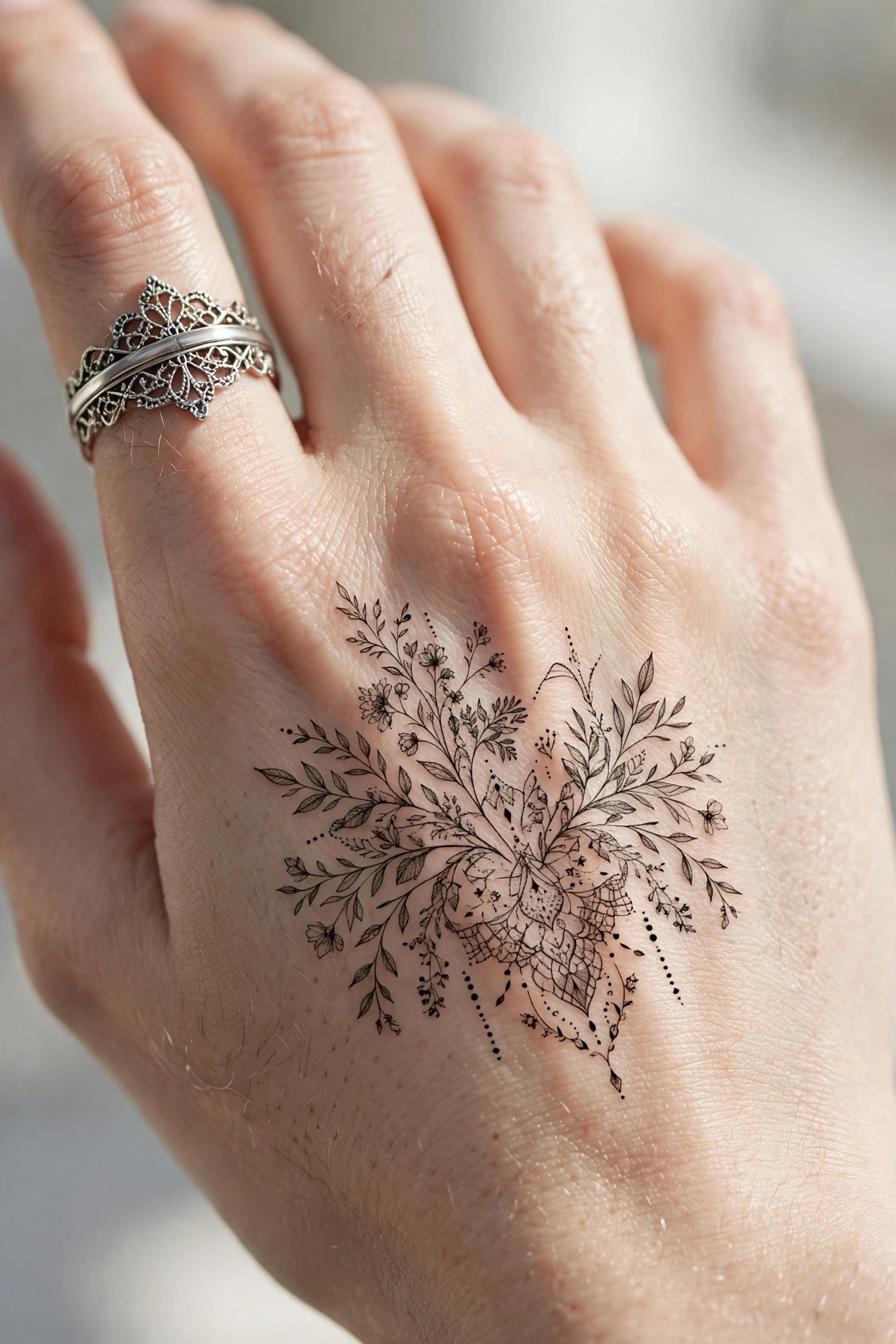 Tiny scattered stars trailing down the side of a hand tattoo